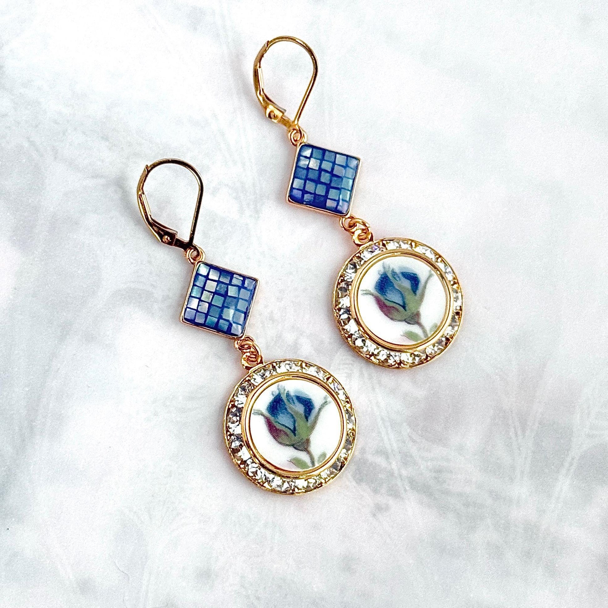 20th Anniversary Gift for Wife, Gold Crystal Earrings, Blue Rose Broken China Jewelry, Gold Filled Hinged Lever Back Earwires