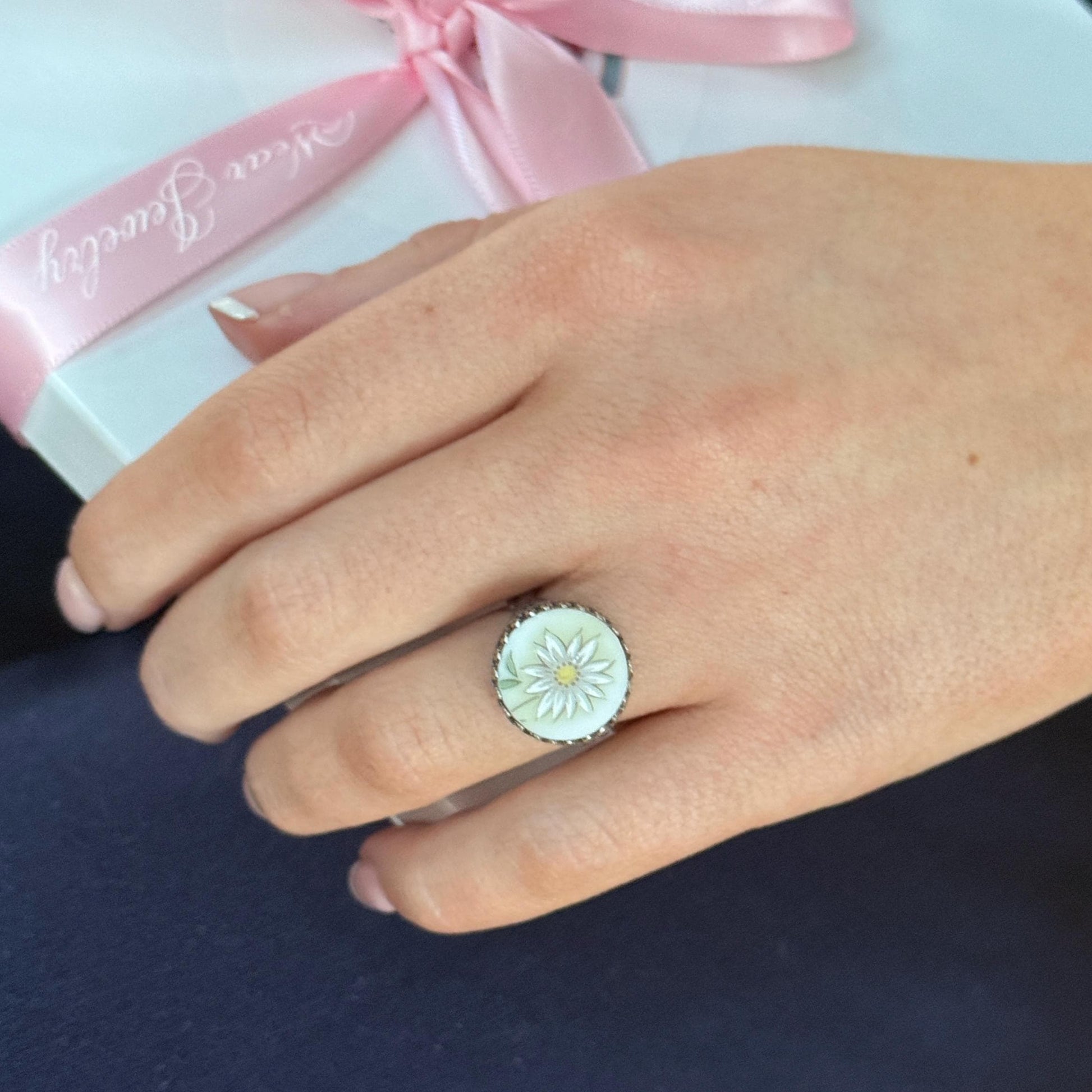 Daisy Vintage Porcelain Sterling Silver Ring, Spring Broken China Jewelry