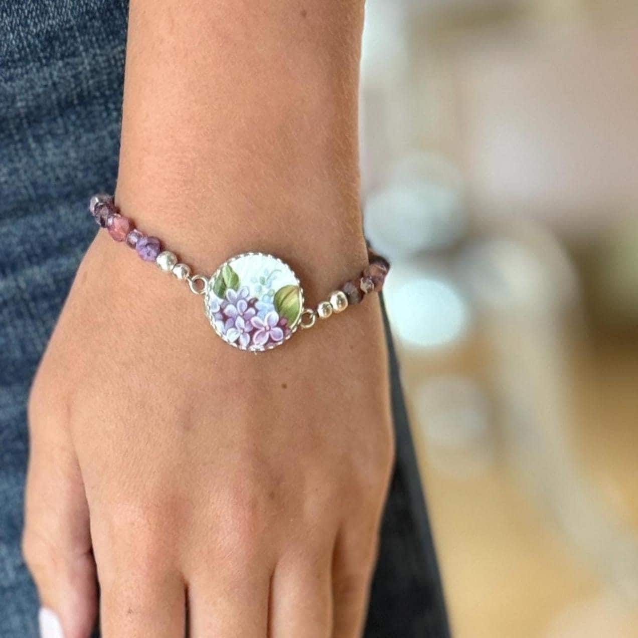 Purple Lilac Bracelet, 20th Anniversary Gift for Wife, Broken China Jewelry, Natural Jasper Gemstones, Sterling Silver Statement Bracelet