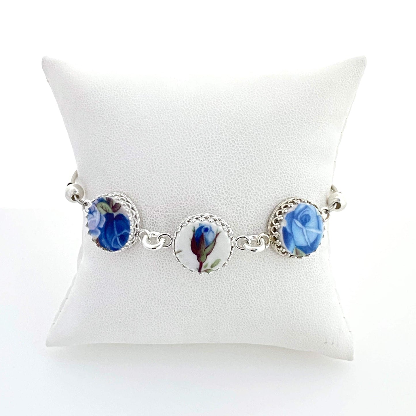 20th Anniversary Broken China Jewelry Gift for Wife, Royal Albert Moonlight Rose China Bracelet, Sterling Silver