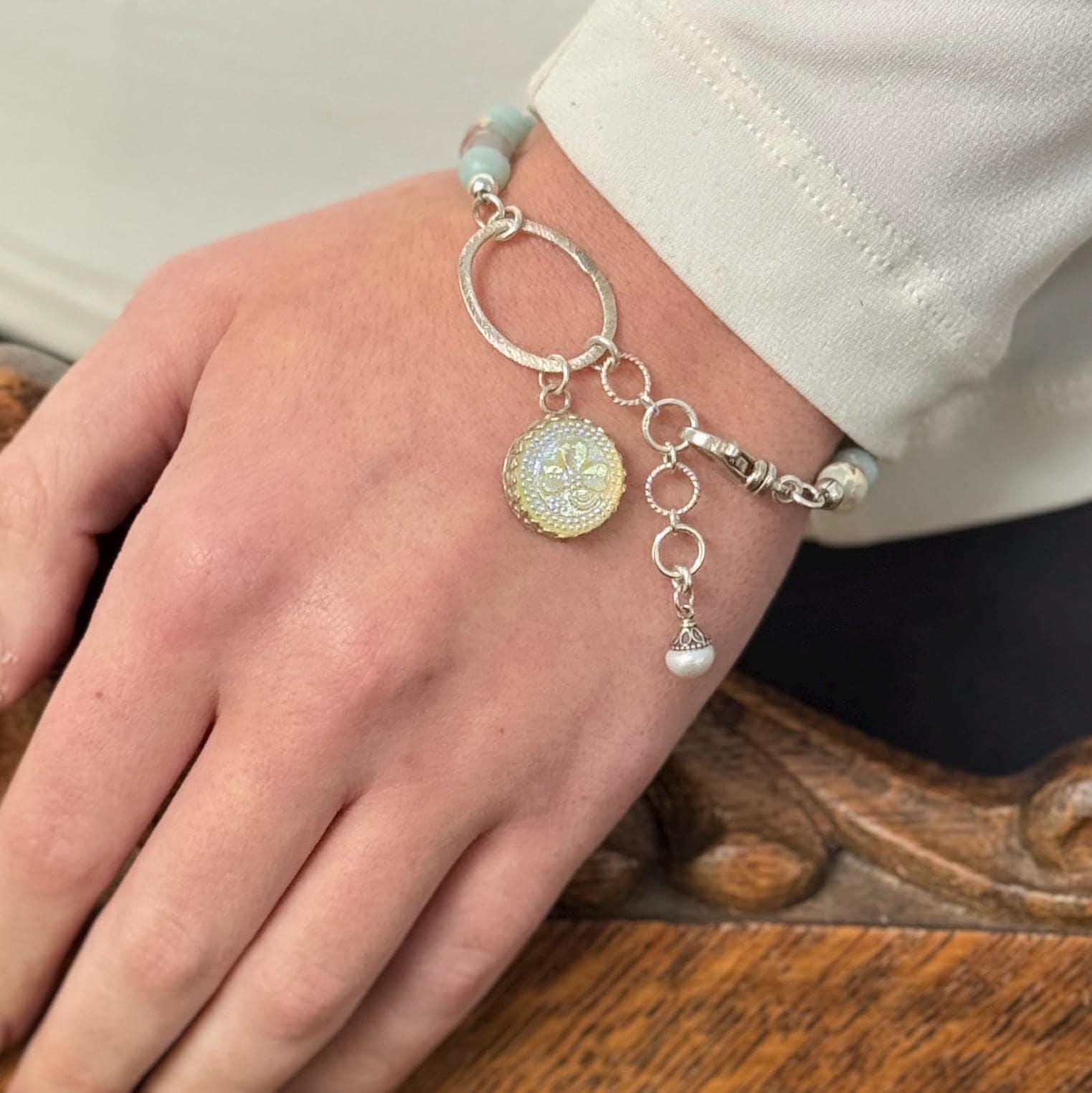 Iridescent Shamrock Charm Bracelet, Vintage Vaseline Glass Button, Sterling Silver Jasper Jewelry