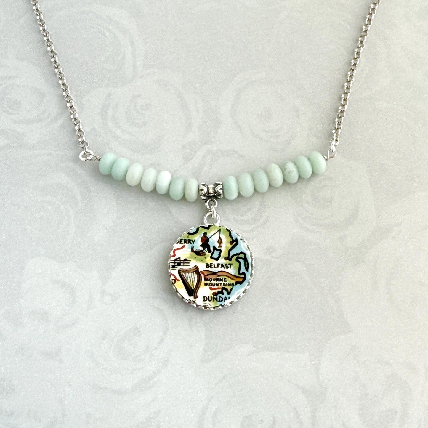One-of-a-Kind Vintage Map of Ireland Necklace, Sterling Silver and Amazonite Celtic Harp Necklace, Unique Irish Gifts for Women