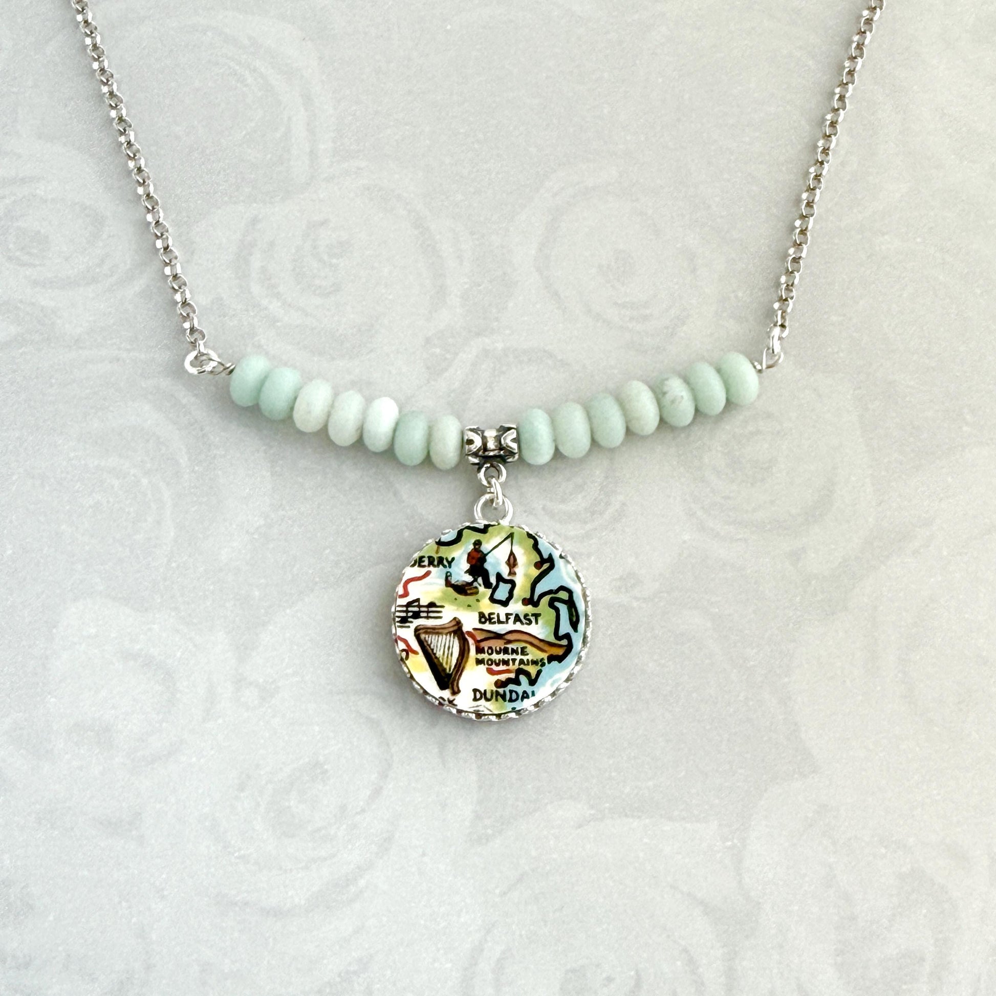 One-of-a-Kind Vintage Map of Ireland Necklace, Sterling Silver and Amazonite Celtic Harp Necklace, Unique Irish Gifts for Women