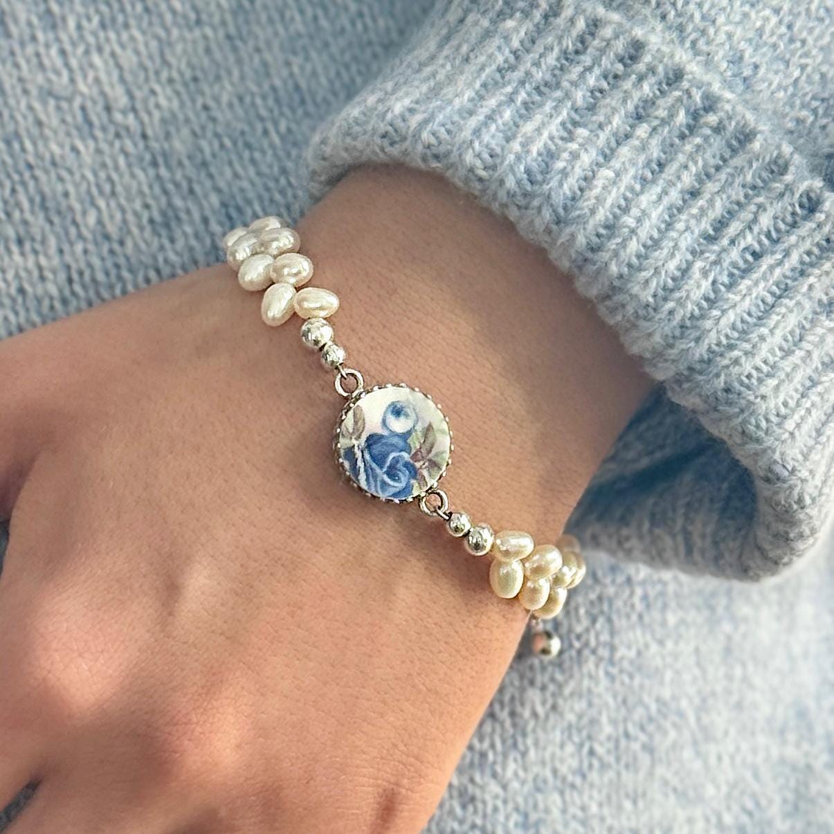 20th Anniversary Broken China Jewelry Gift for Wife, Dainty Pearl Bracelet, Royal Albert Moonlight Rose China Bracelet, Sterling Silver