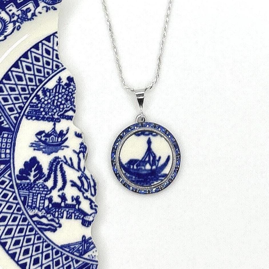 Vintage Blue Willow China, Nautical Jewelry Gifts for Women, Cobalt Blue Crystal Necklace