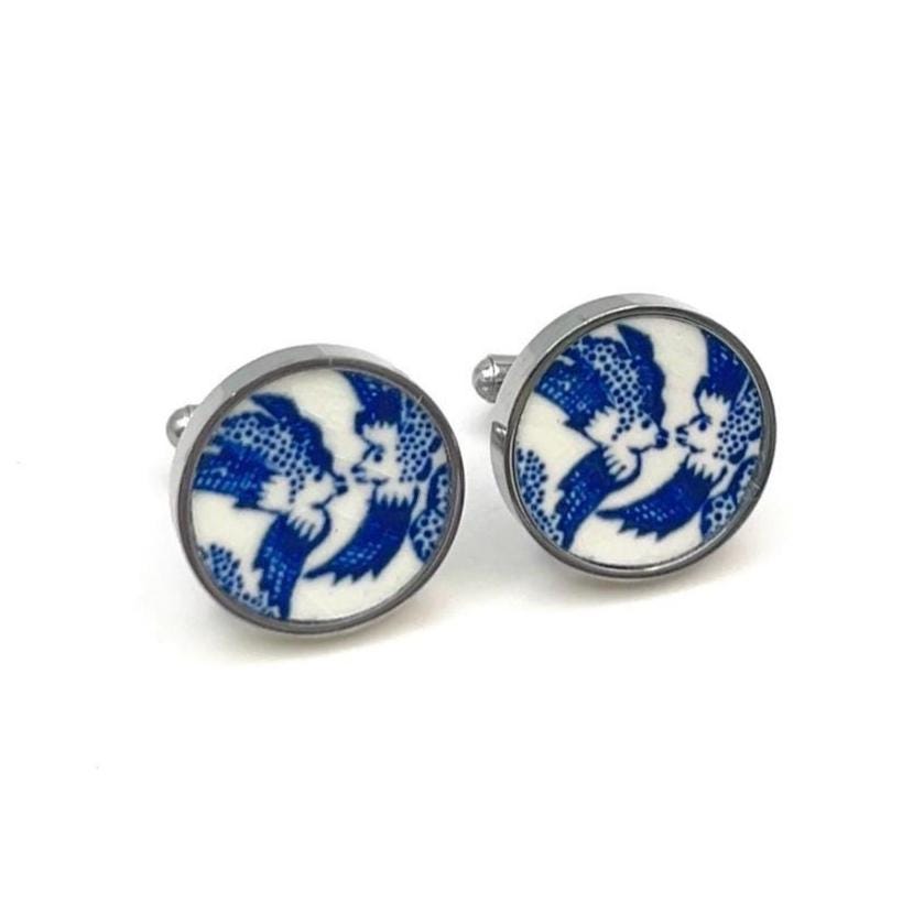 One-of-a-Kind 20th Anniversary Gift, Blue Willow Gifts for Husband, Stainless Steel Jewelry, Cufflinks for Men