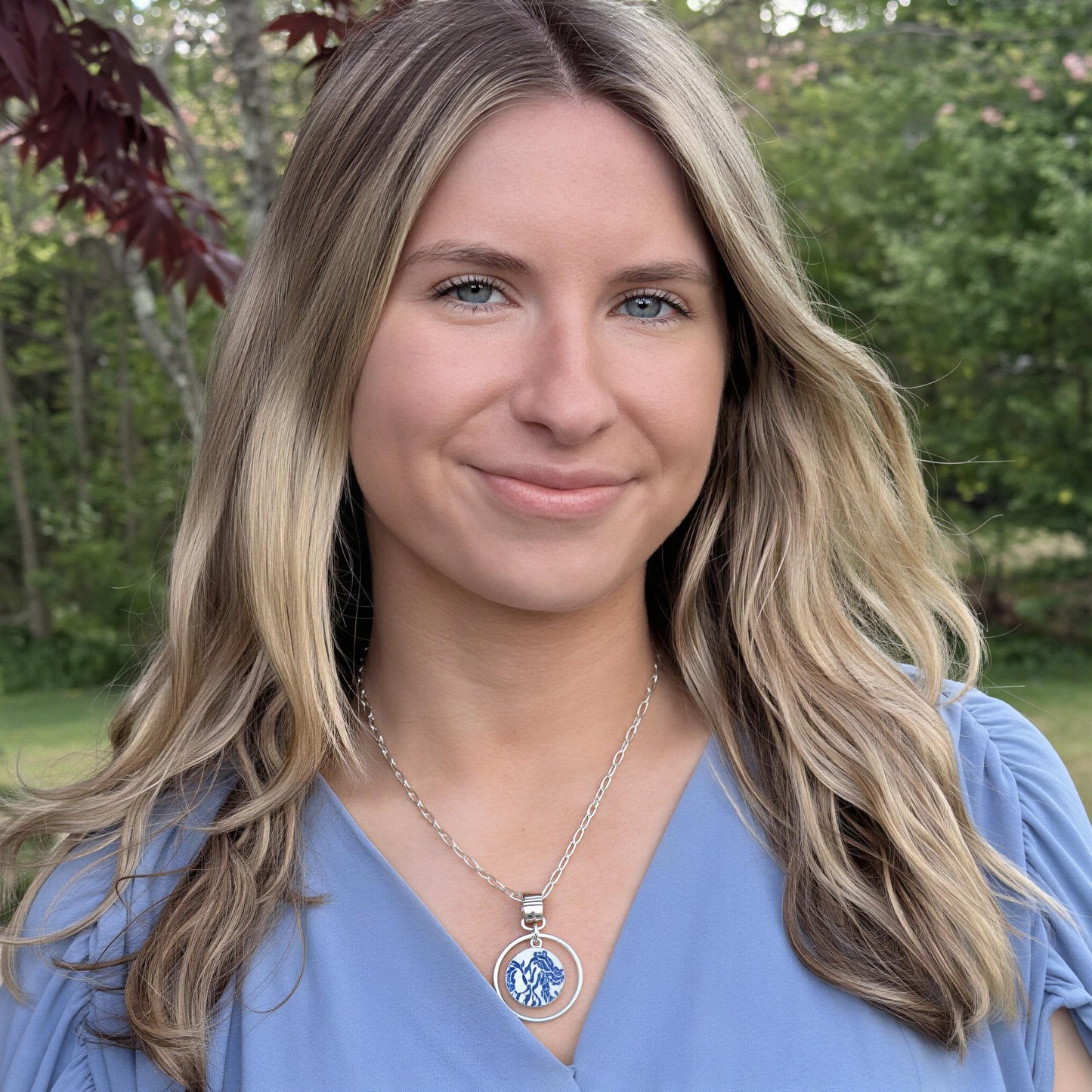 Repurposed Blue Willow China Tree Necklace, 9th Anniversary Gift for Wife, Hammered Sterling Silver