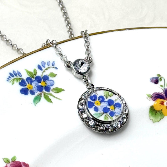 Forget Me Not Porcelain Necklace, 18th Anniversary Gift for Wife, Dainty Crystal Jewelry