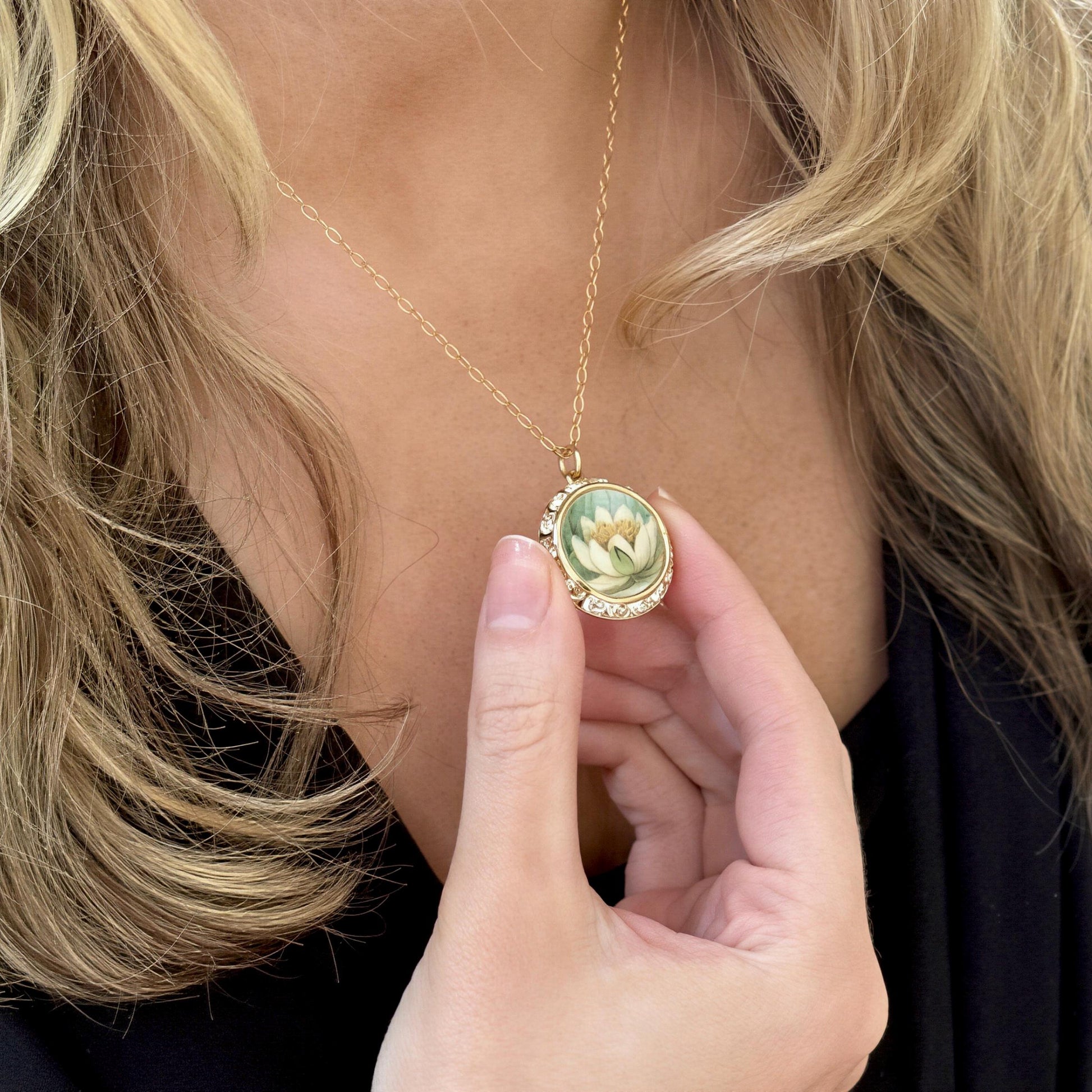 Water Lily Necklace, 18th Wedding Anniversary Porcelain Gift for Wife, Gold Crystal Jewelry
