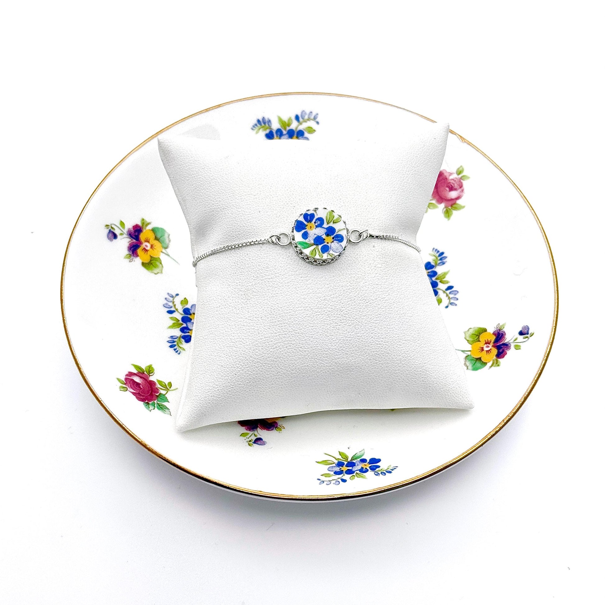 Dainty Graduation Gift for Girl/Girlfriend, Forget Me Not Vintage China, Adjustable Bracelet, Sterling Silver Jewelry for Her