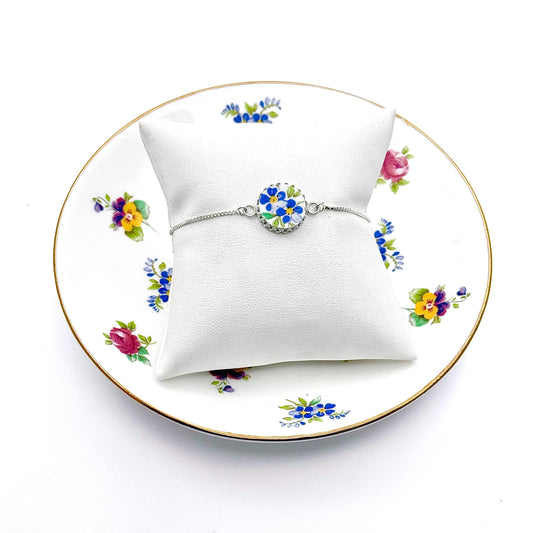 Dainty Graduation Gift for Girl/Girlfriend, Forget Me Not Vintage China, Adjustable Bracelet, Sterling Silver Jewelry for Her