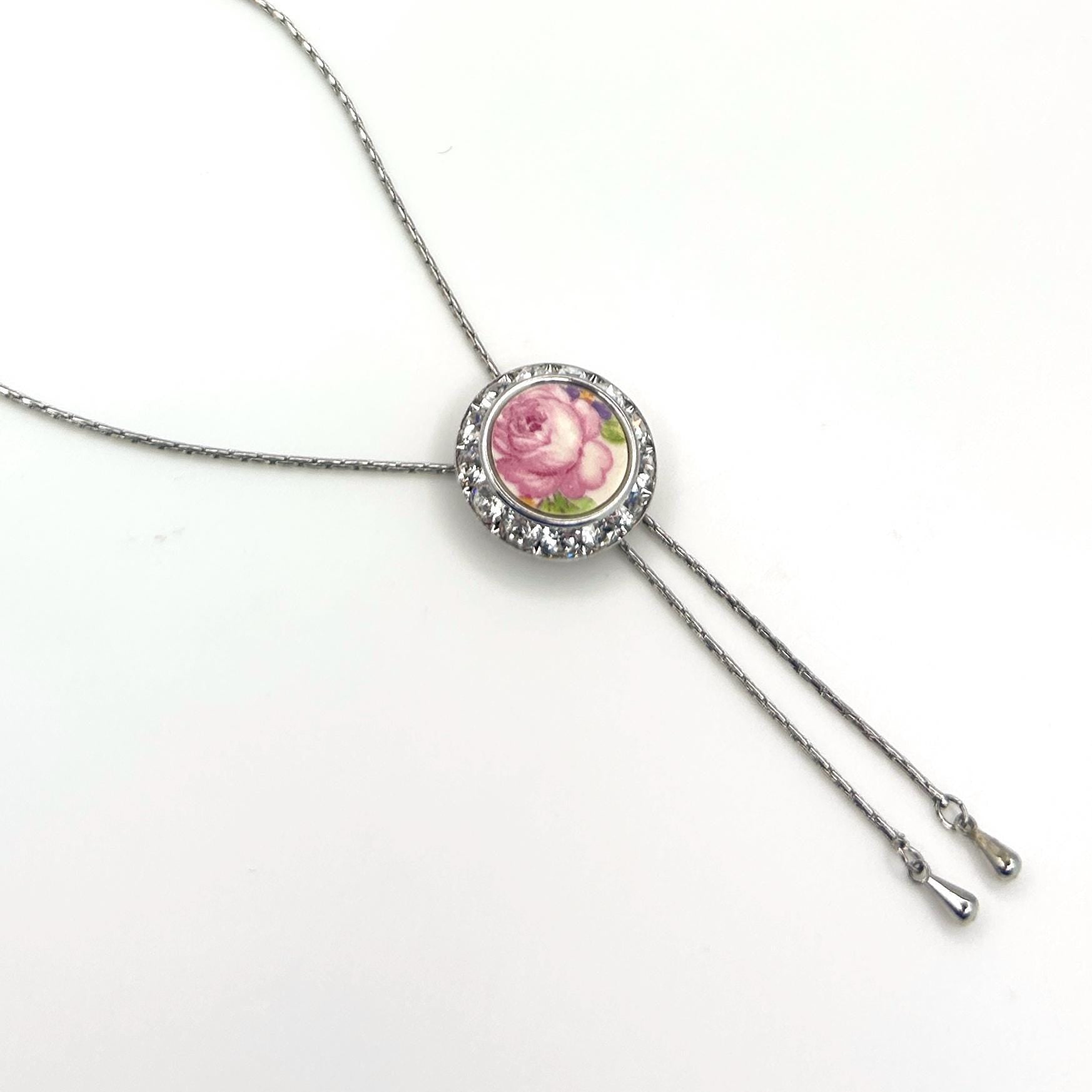 Adjustable Rose Crystal Necklace, Broken China Jewelry Lariat
