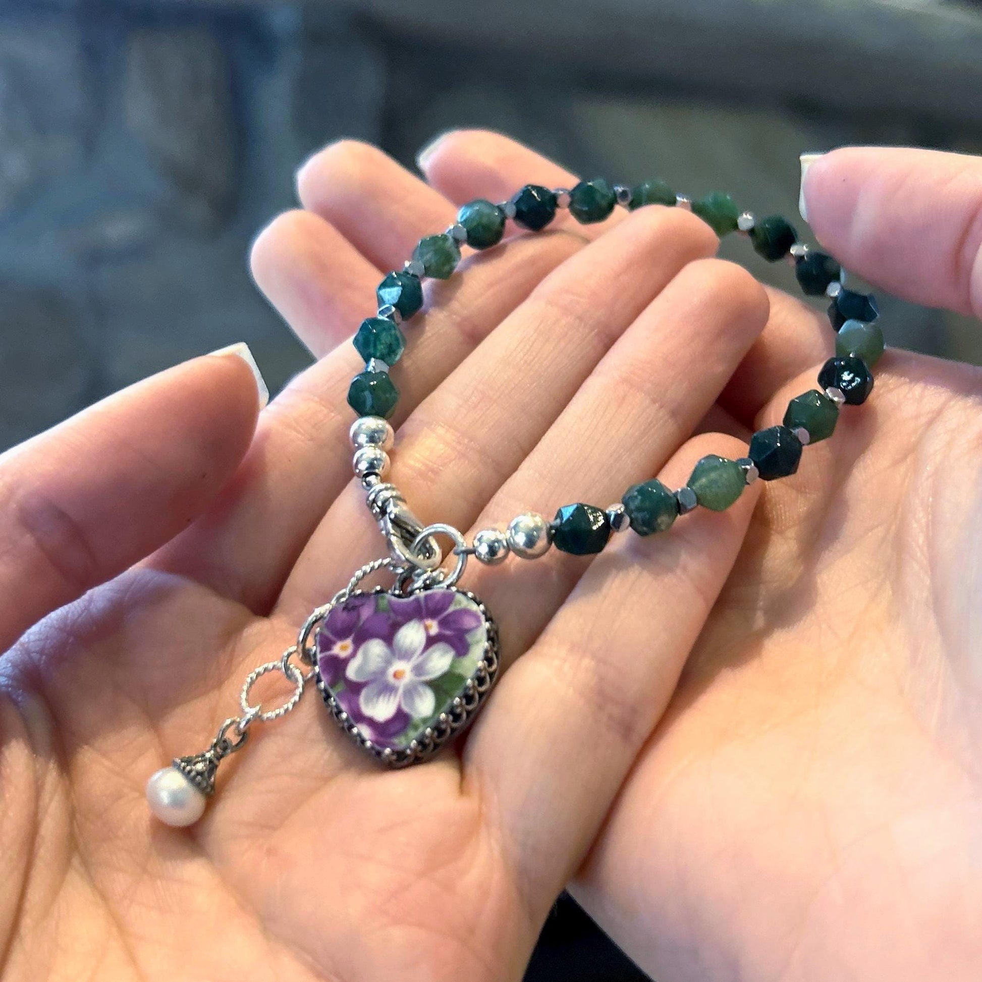 Natural Gemstone Heart Charm Bracelet, Sterling Silver, Vintage China Violets, Unique 20th Anniversary Gifts for Wife