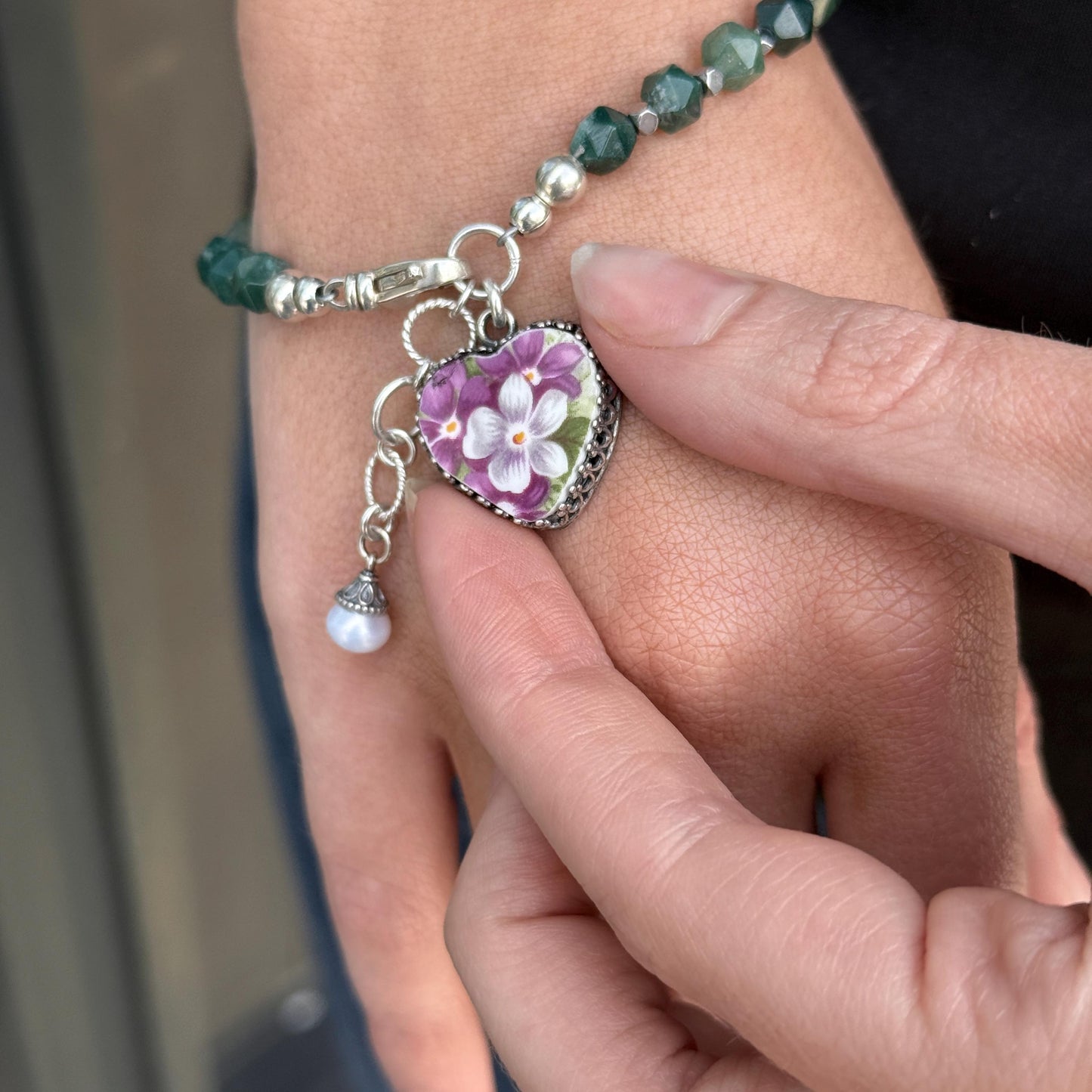 Natural Gemstone Heart Charm Bracelet, Sterling Silver, Vintage China Violets, Unique 20th Anniversary Gifts for Wife