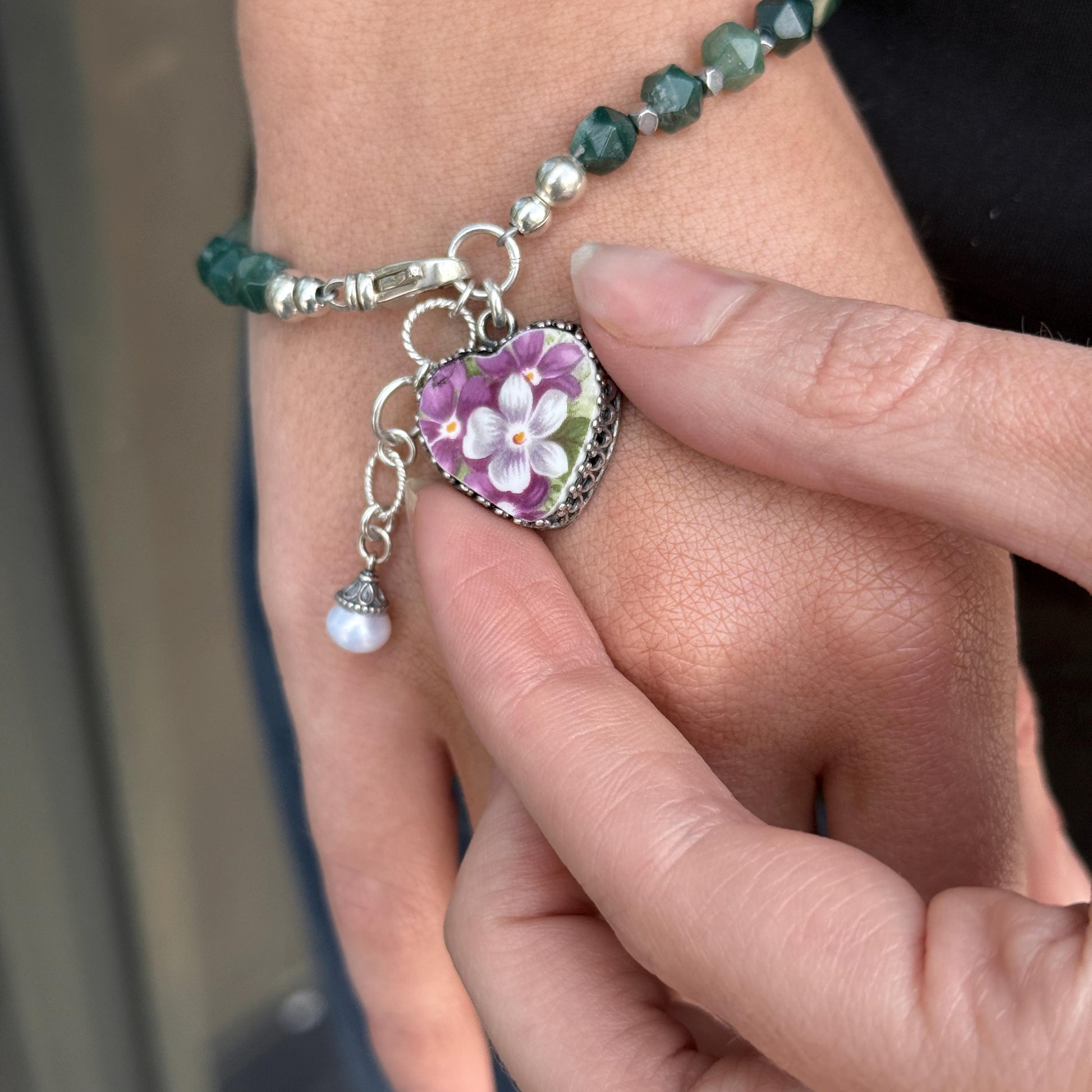 Natural Gemstone Heart Charm Bracelet, Sterling Silver, Vintage China Violets, Unique 20th Anniversary Gifts for Wife