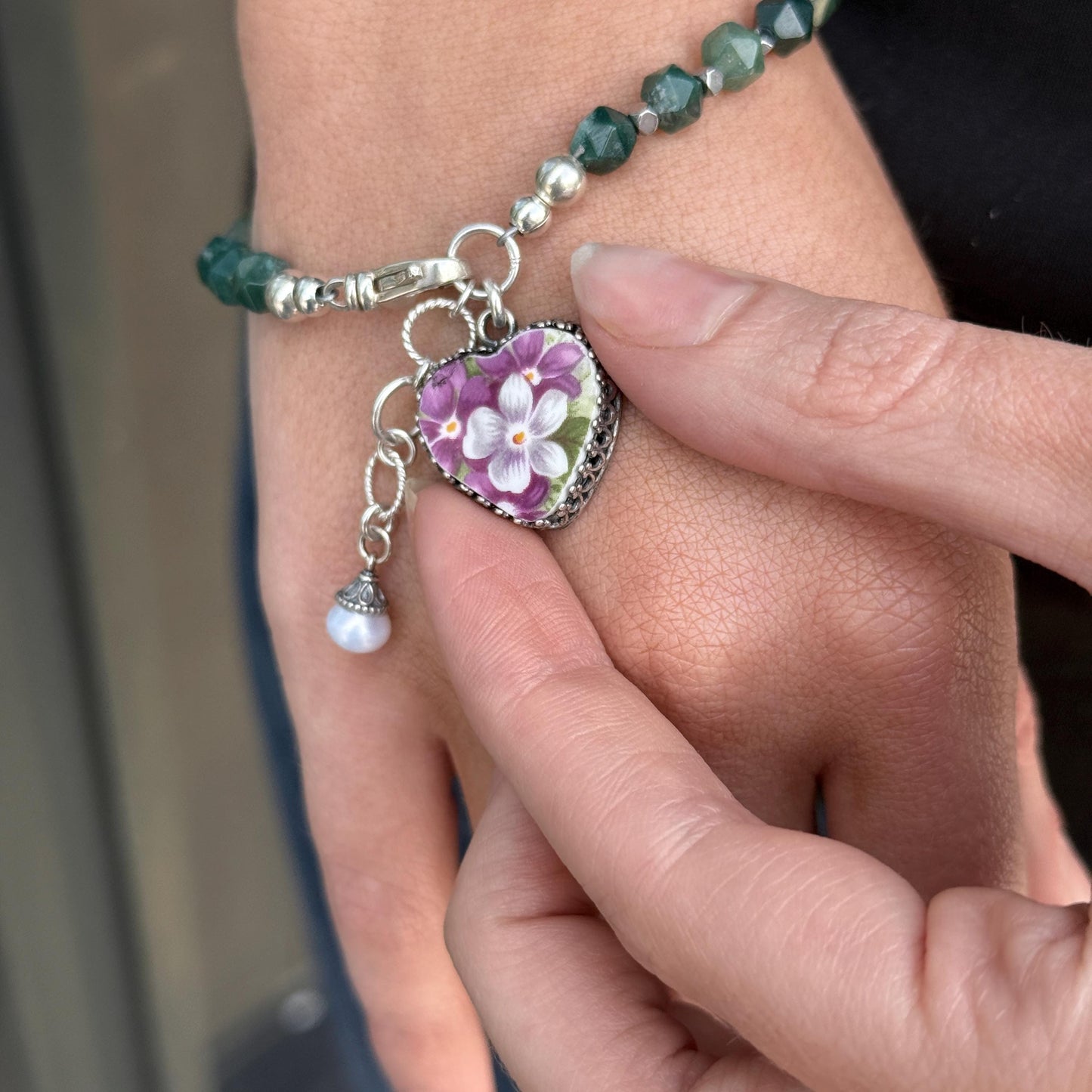 Natural Gemstone Heart Charm Bracelet, Sterling Silver, Vintage China Violets, Unique 20th Anniversary Gifts for Wife