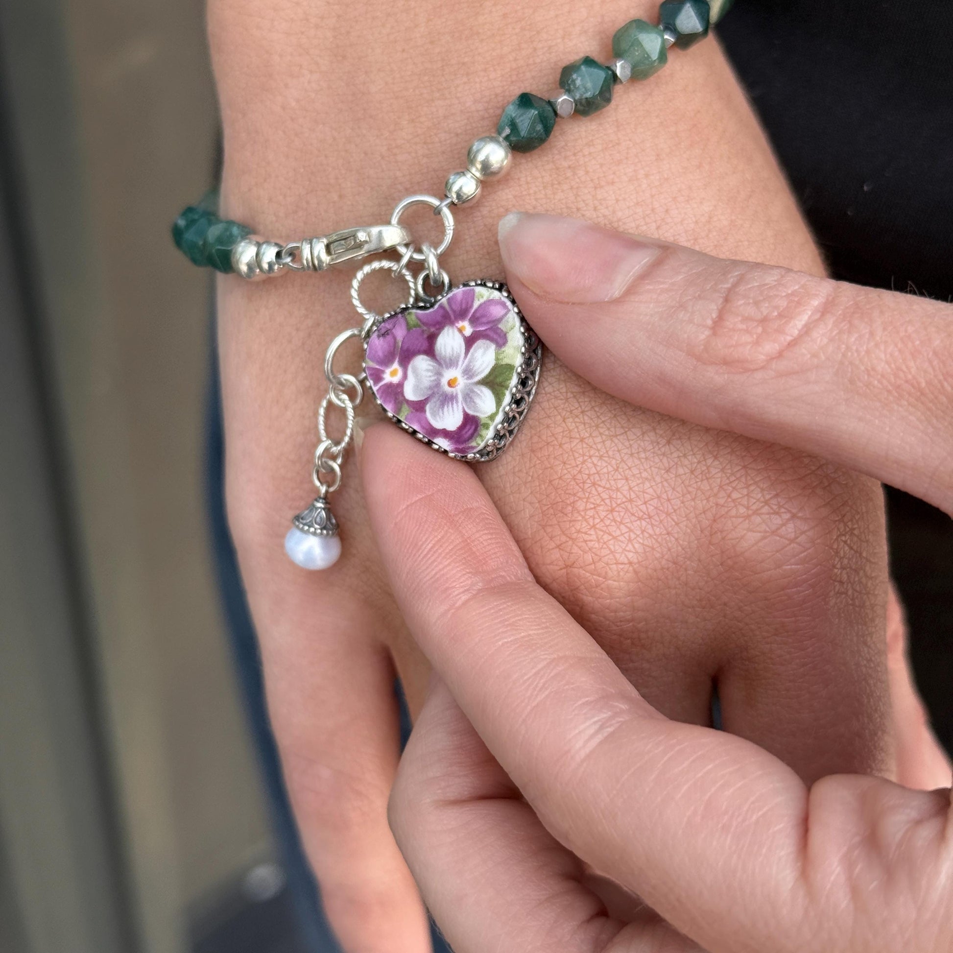 Natural Gemstone Heart Charm Bracelet, Sterling Silver, Vintage China Violets, Unique 20th Anniversary Gifts for Wife