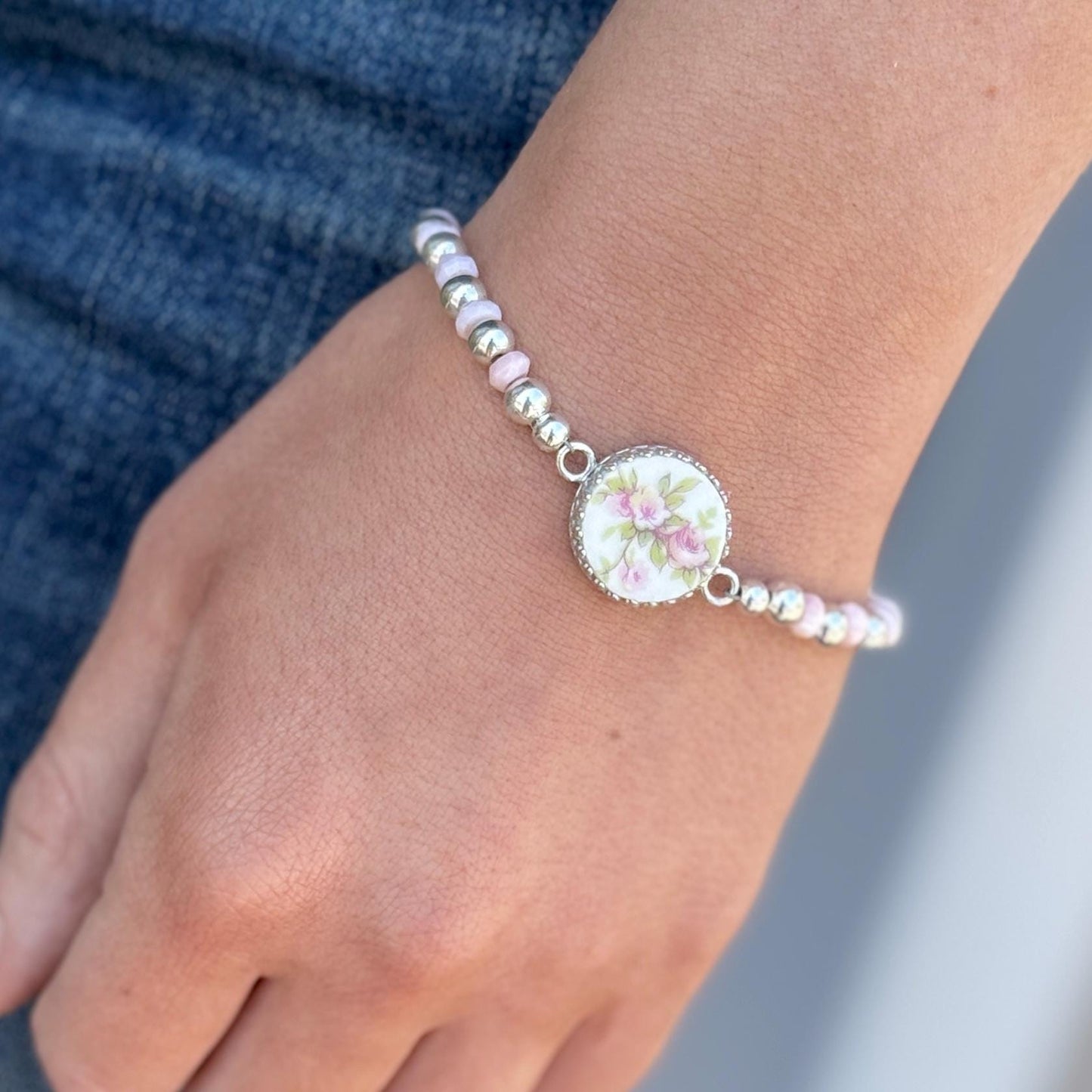 Pink Opal 18th Wedding Anniversary Gift for Wife, Sterling Silver Bracelet, Porcelain Broken China Jewelry