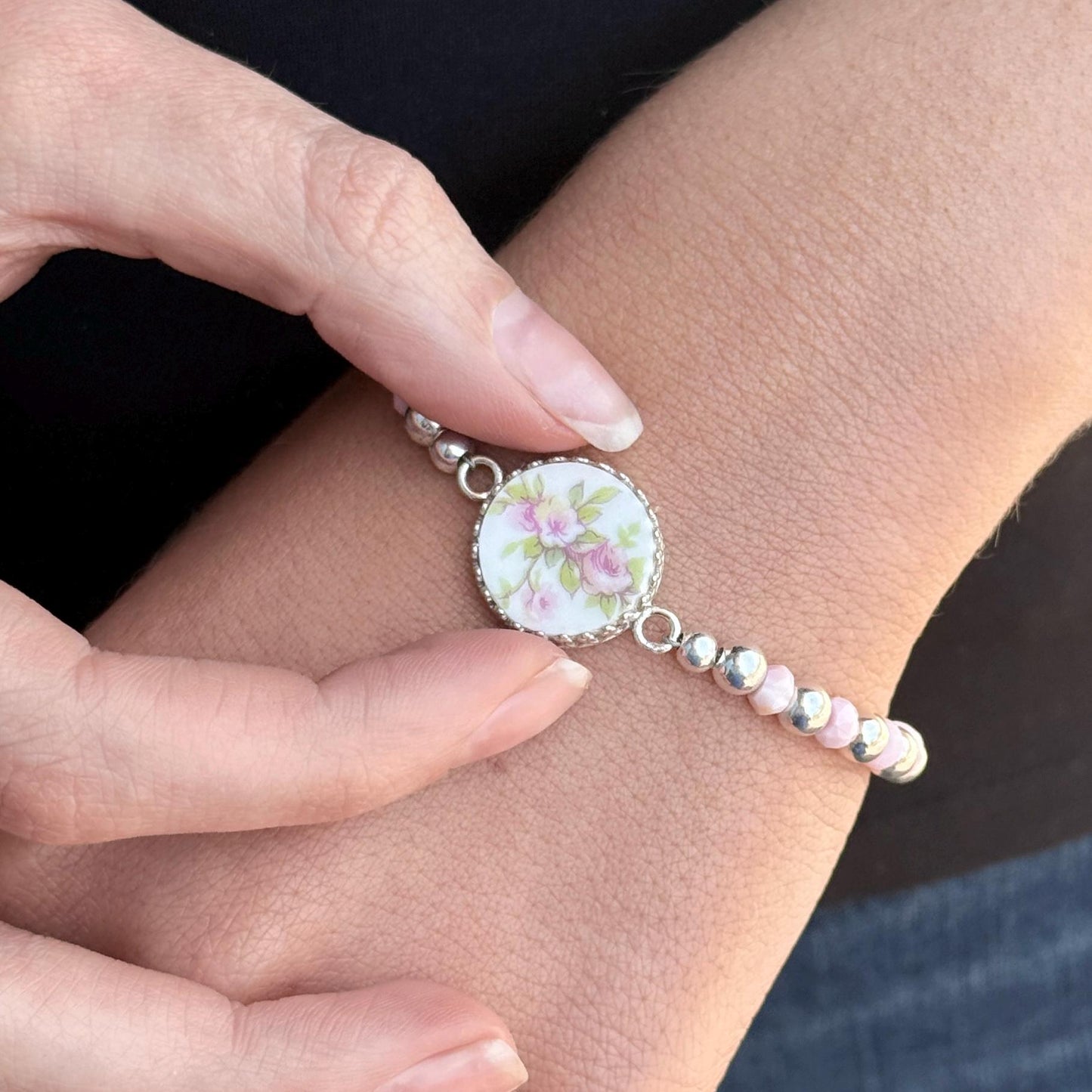 Pink Opal 18th Wedding Anniversary Gift for Wife, Sterling Silver Bracelet, Porcelain Broken China Jewelry