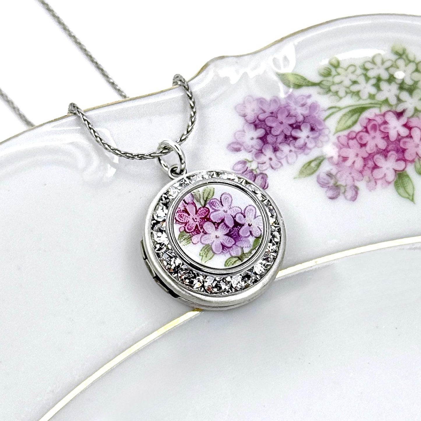 Purple Lilac Locket Necklace, Graduation Gifts for Her, Adjustable Broken China Handmade Jewelry, Love and Friendship