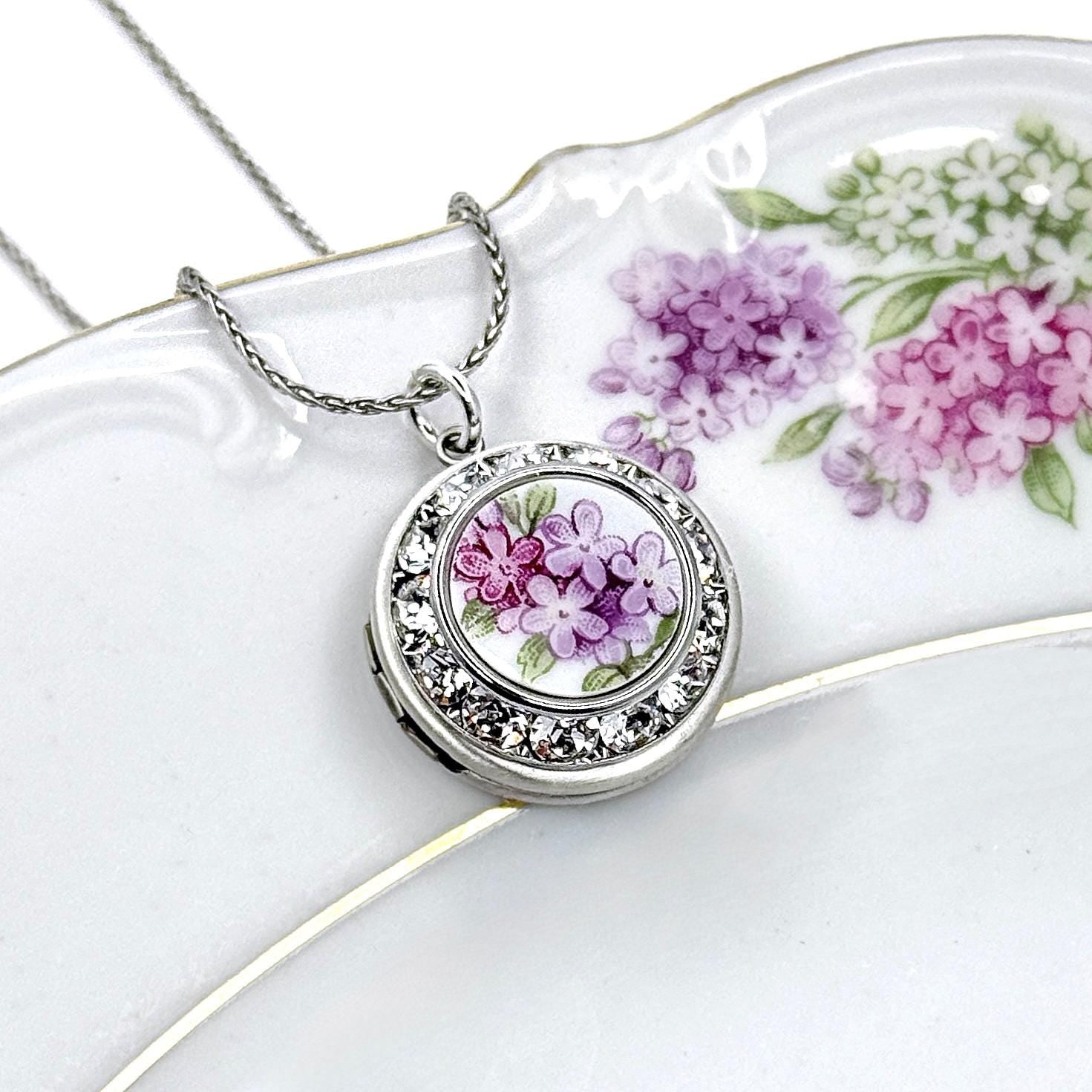 Purple Lilac Locket Necklace, Graduation Gifts for Her, Adjustable Broken China Handmade Jewelry, Love and Friendship