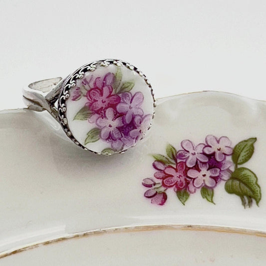 Adjustable Purple Lilac Flower Ring, Unique Cottagecore Jewelry, Sterling Silver Broken China Jewelry
