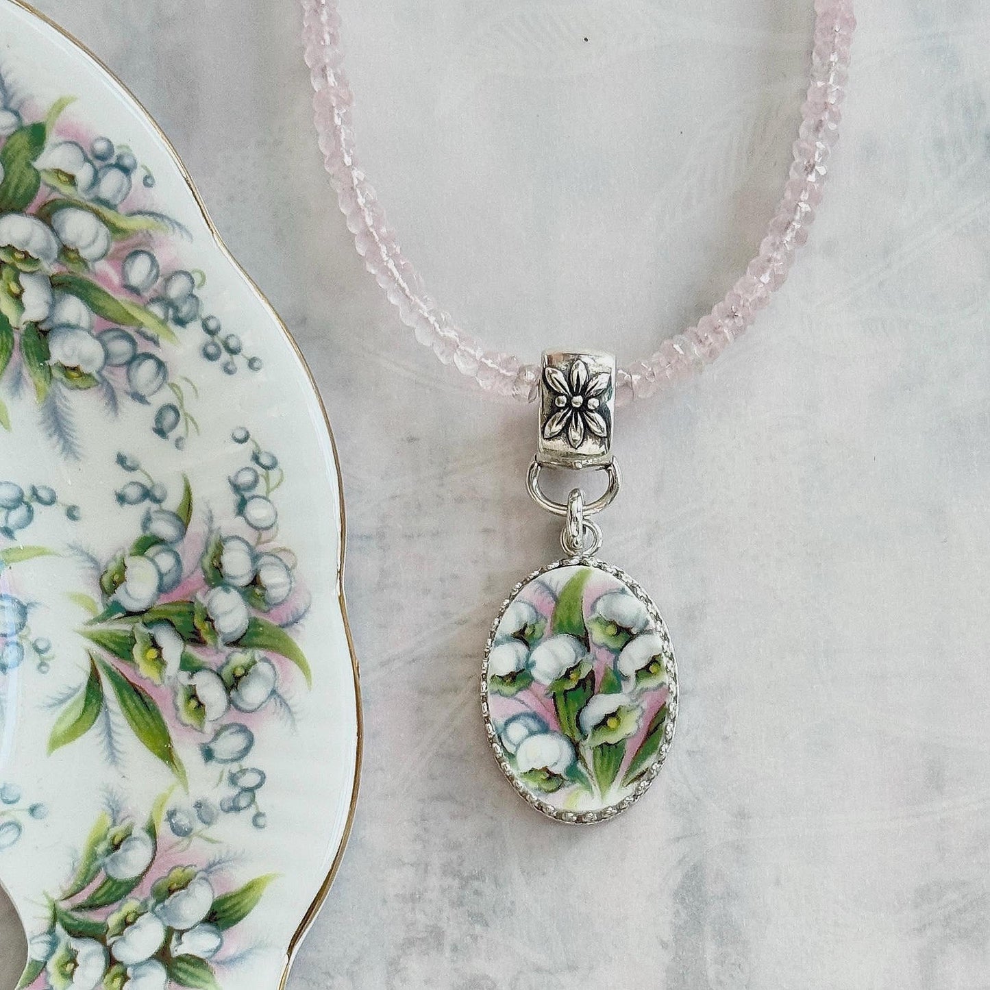 Adjustable Lily of the Valley Necklace, 20th Anniversary Gift for Wife, Rose Quartz & Sterling Silver Broken China Jewelry