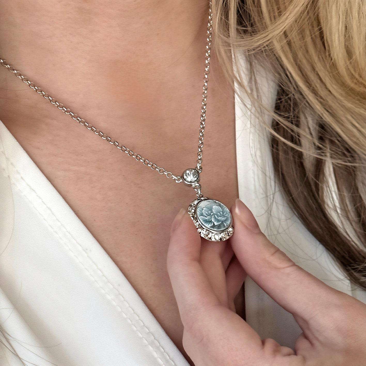 Vintage Japanese Porcelain Necklace, 18th Anniversary Gift for Wife, Dainty Crystal Jewelry