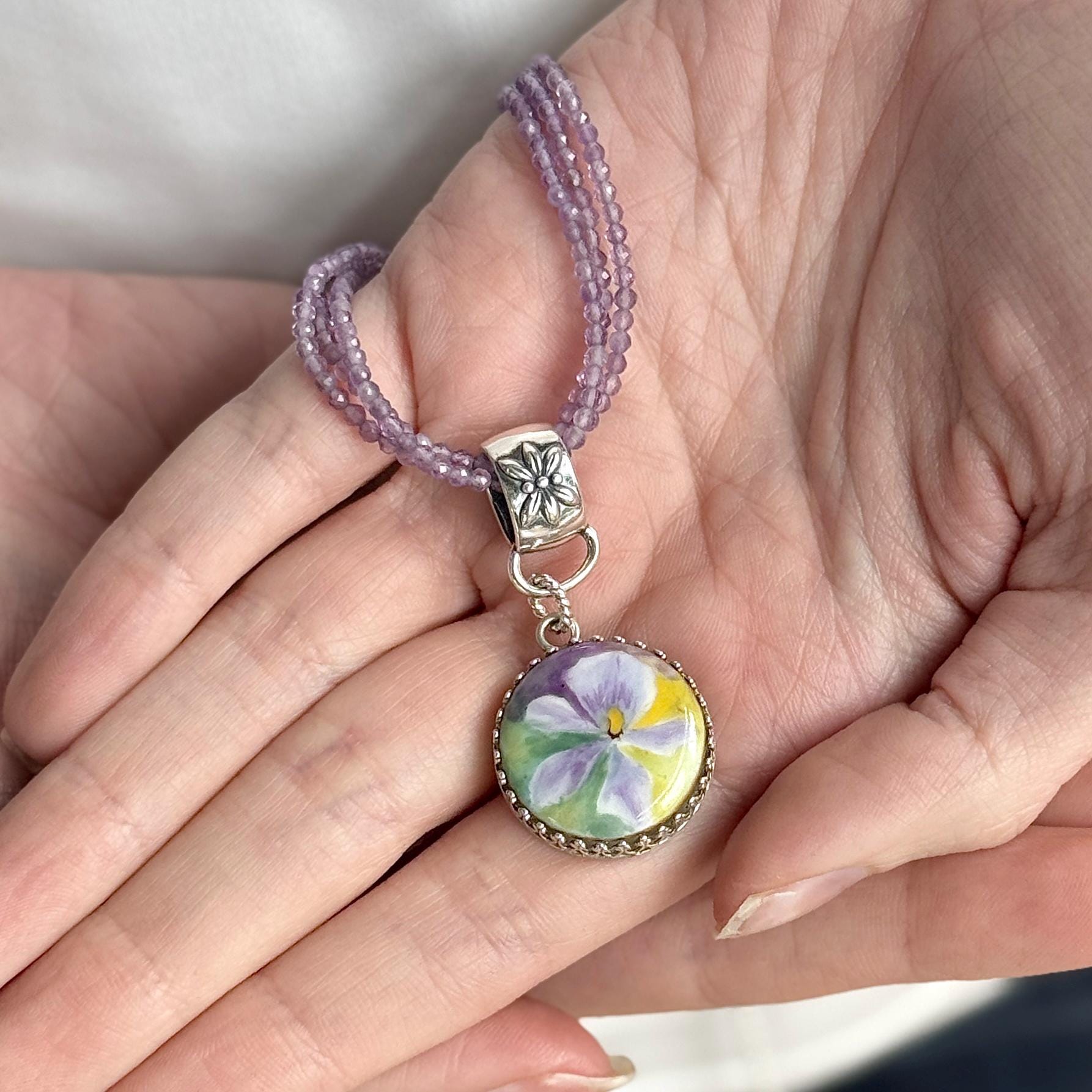 18th Anniversary Gift for Wife, Antique Porcelain Button Jewelry, Sterling Silver Purple Amethyst Necklace