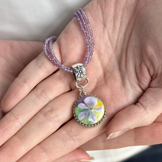 18th Anniversary Gift for Wife, Antique Porcelain Button Jewelry, Sterling Silver Purple Amethyst Necklace