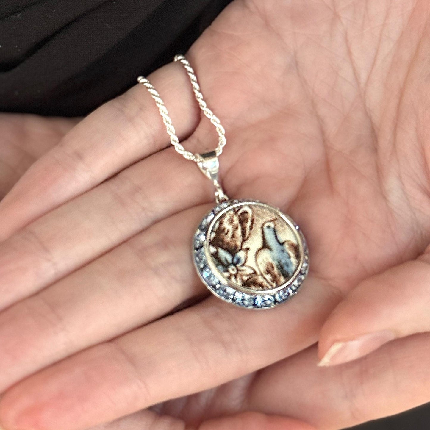One-of-a-Kind Victorian Bird Necklace, Antique Porcelain Crystal Jewelry, 18th Anniversary Gift for Wife