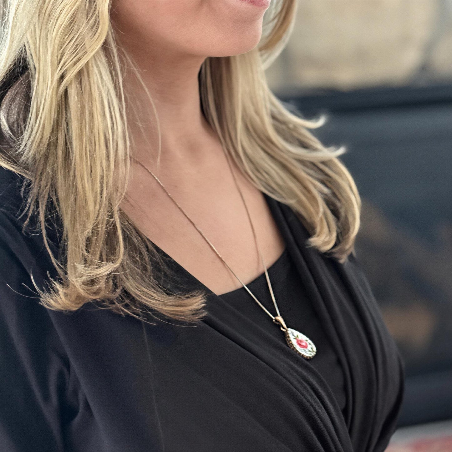 Rose Gold Broken China Jewelry, Rose & Forget Me Not Necklace, Tricolor Sterling Chain