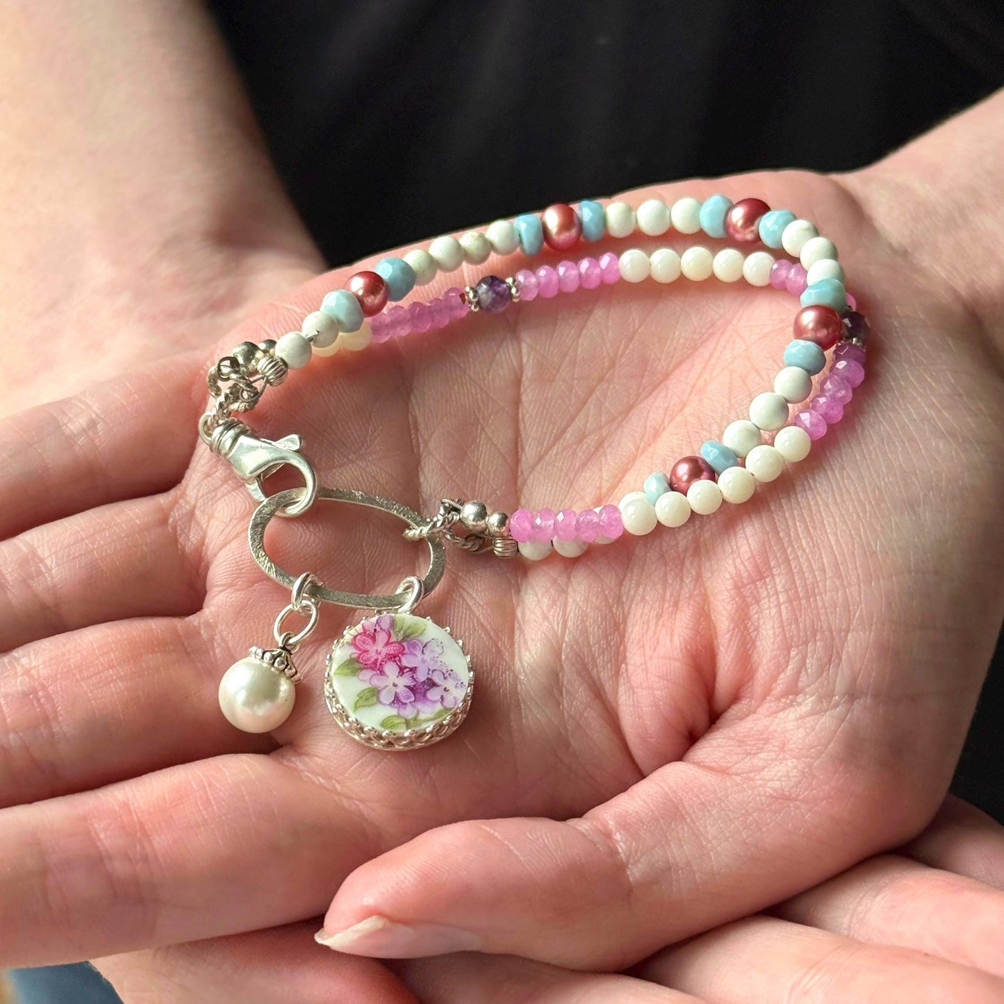 Gemstone Charm Bracelet, Unique 20th Anniversary Gifts for Wife, Purple Lilac Flower Broken China Jewelry