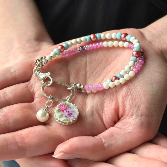 Gemstone Charm Bracelet, Unique 20th Anniversary Gifts for Wife, Purple Lilac Flower Broken China Jewelry