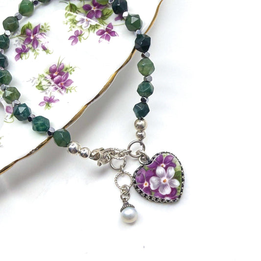 Natural Gemstone Heart Charm Bracelet, Sterling Silver, Vintage China Violets, Unique 20th Anniversary Gifts for Wife