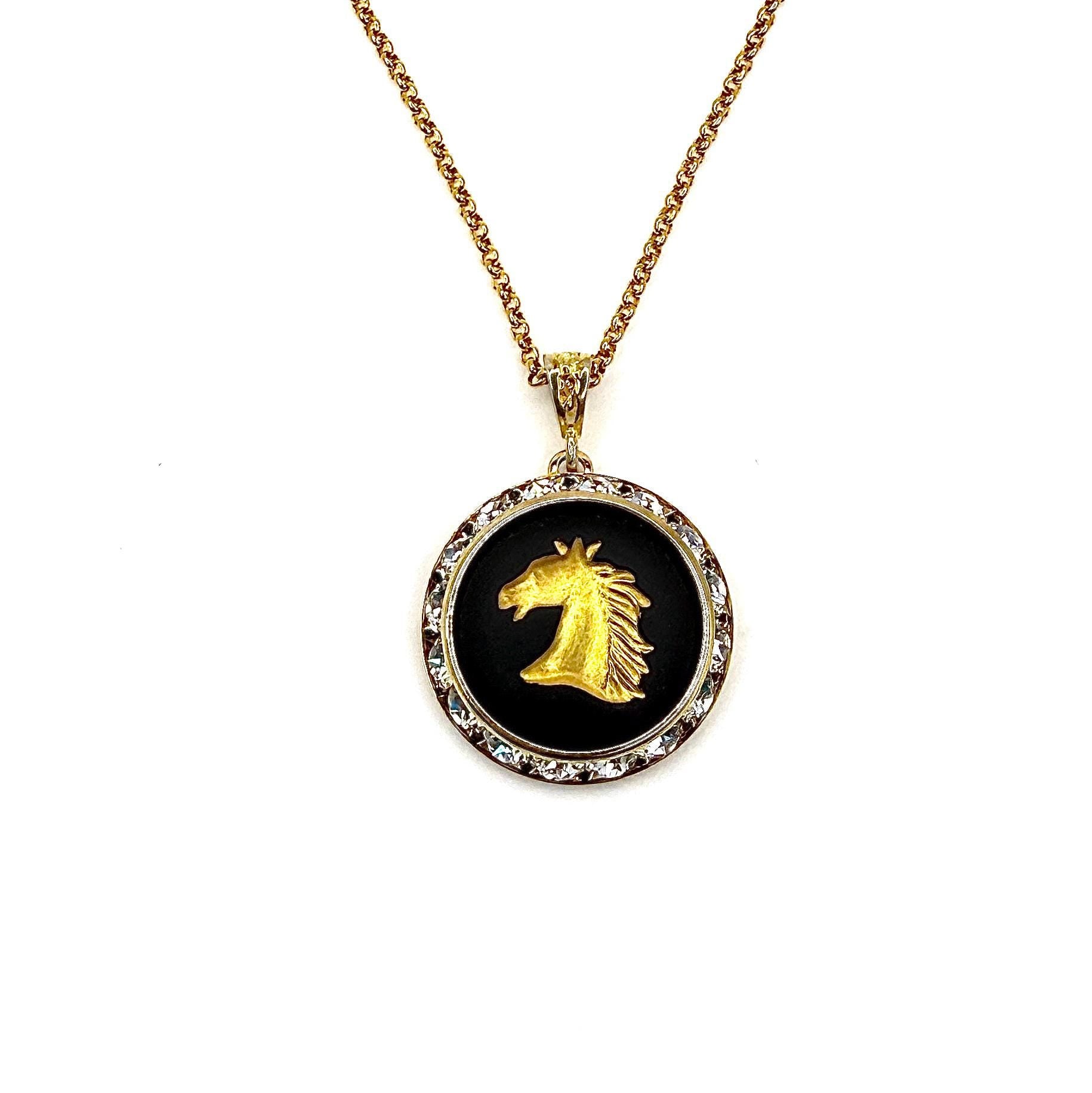Vintage Wedgwood Horse Cameo Necklace, Black and Gold Equine Gift for Horse Lover, Crystal Jewelry