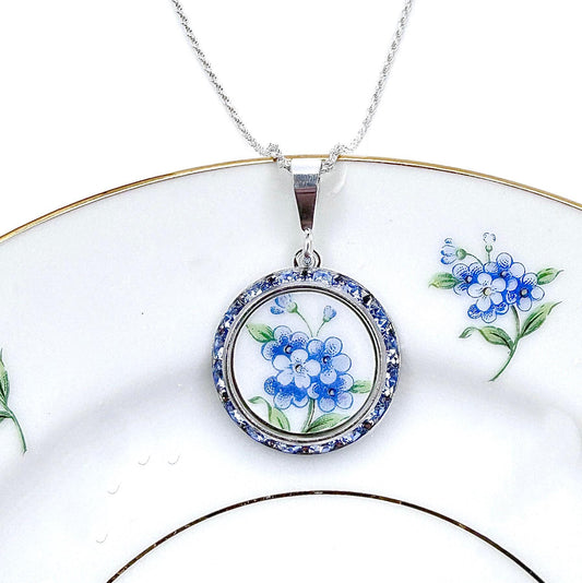18th Anniversary Porcelain Gift for Wife, Blue Forget Me Not Necklace, Crystal Keepsake Jewelry