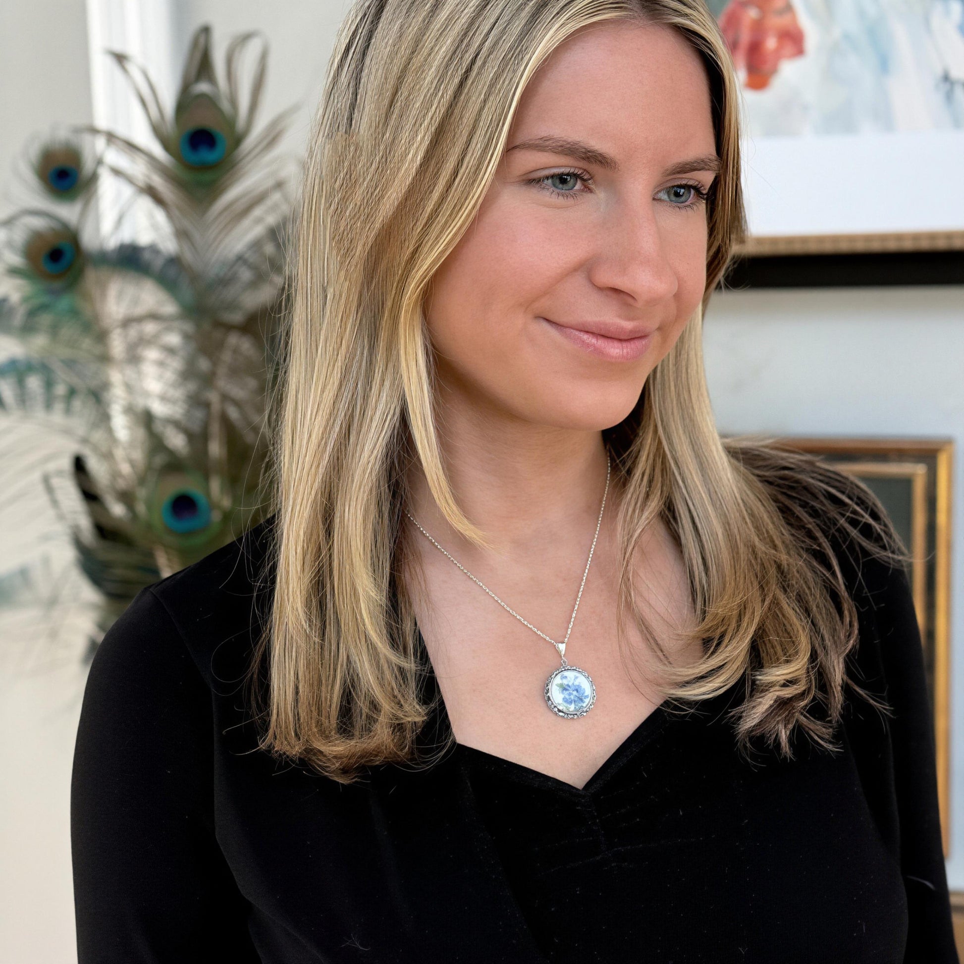 18th Anniversary Porcelain Gift for Wife, Blue Forget Me Not Necklace, Crystal Keepsake Jewelry