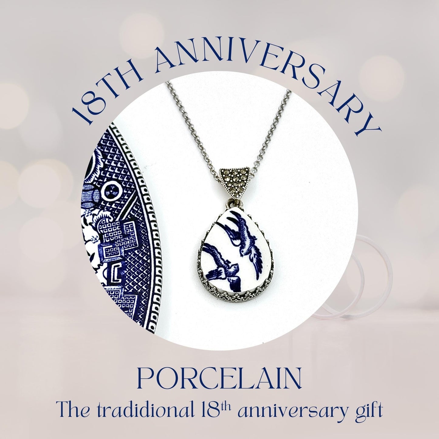 18th Anniversary Porcelain Gift for Wife, Adjustable Love Birds Necklace, Sterling Silver Blue Willow Jewelry, Marcasite Jewelry
