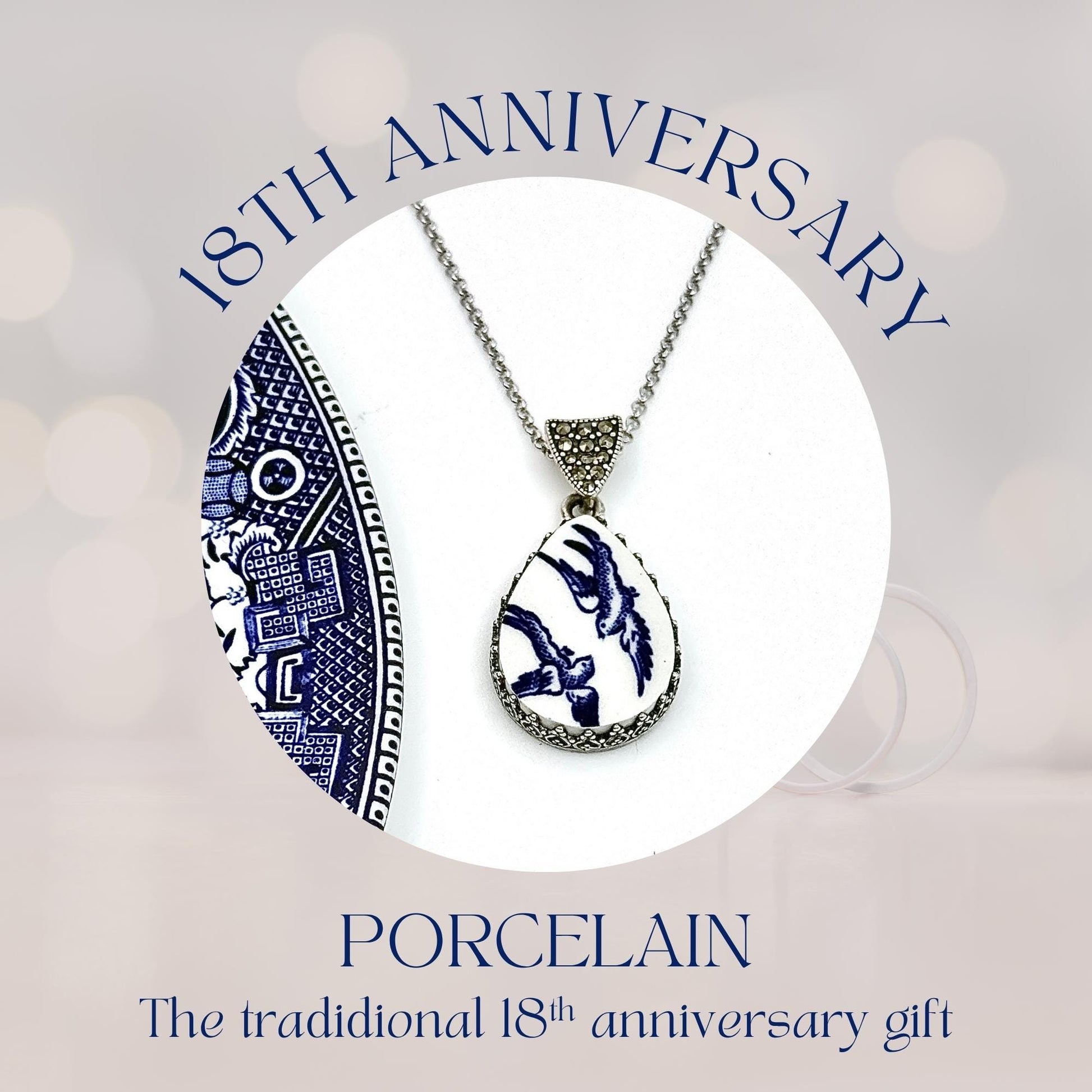 18th Anniversary Porcelain Gift for Wife, Adjustable Love Birds Necklace, Sterling Silver Blue Willow Jewelry, Marcasite Jewelry