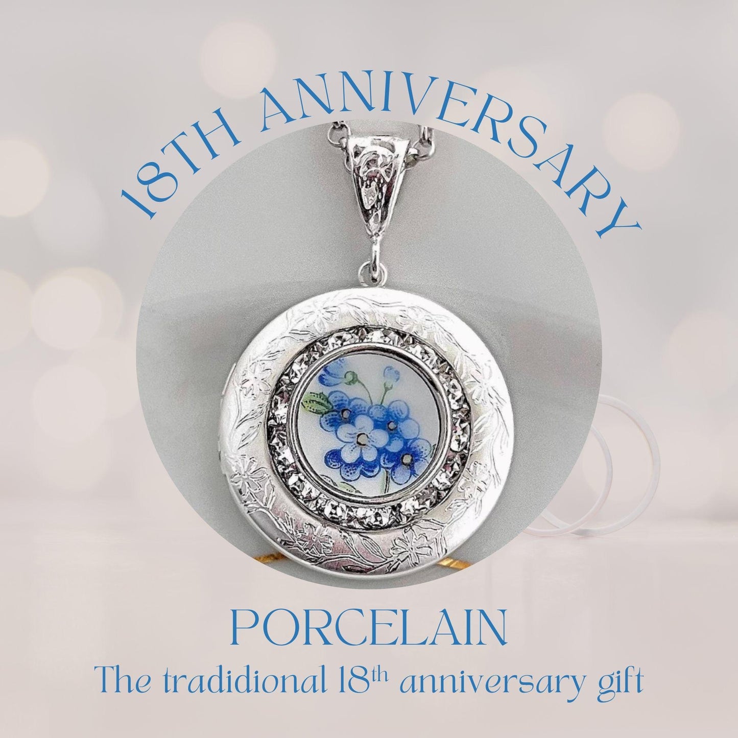 Romantic 18th Wedding Anniversary Gift for Wife, Forget Me Not Locket, Vintage Porcelain Necklace