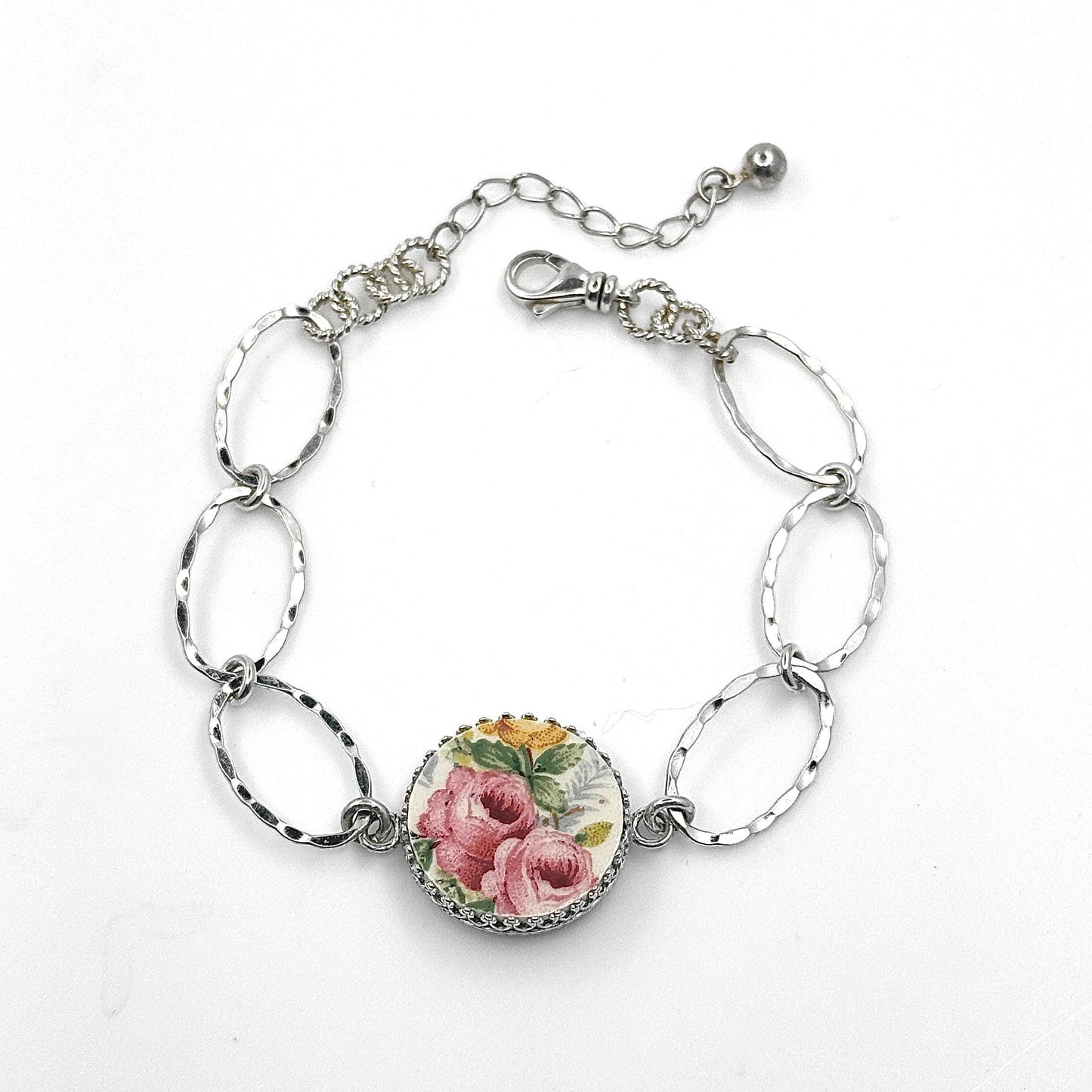 18th Anniversary 2 Roses Bracelet, Gift for Wife, Porcelain Cottagecore Jewelry, Sterling Silver