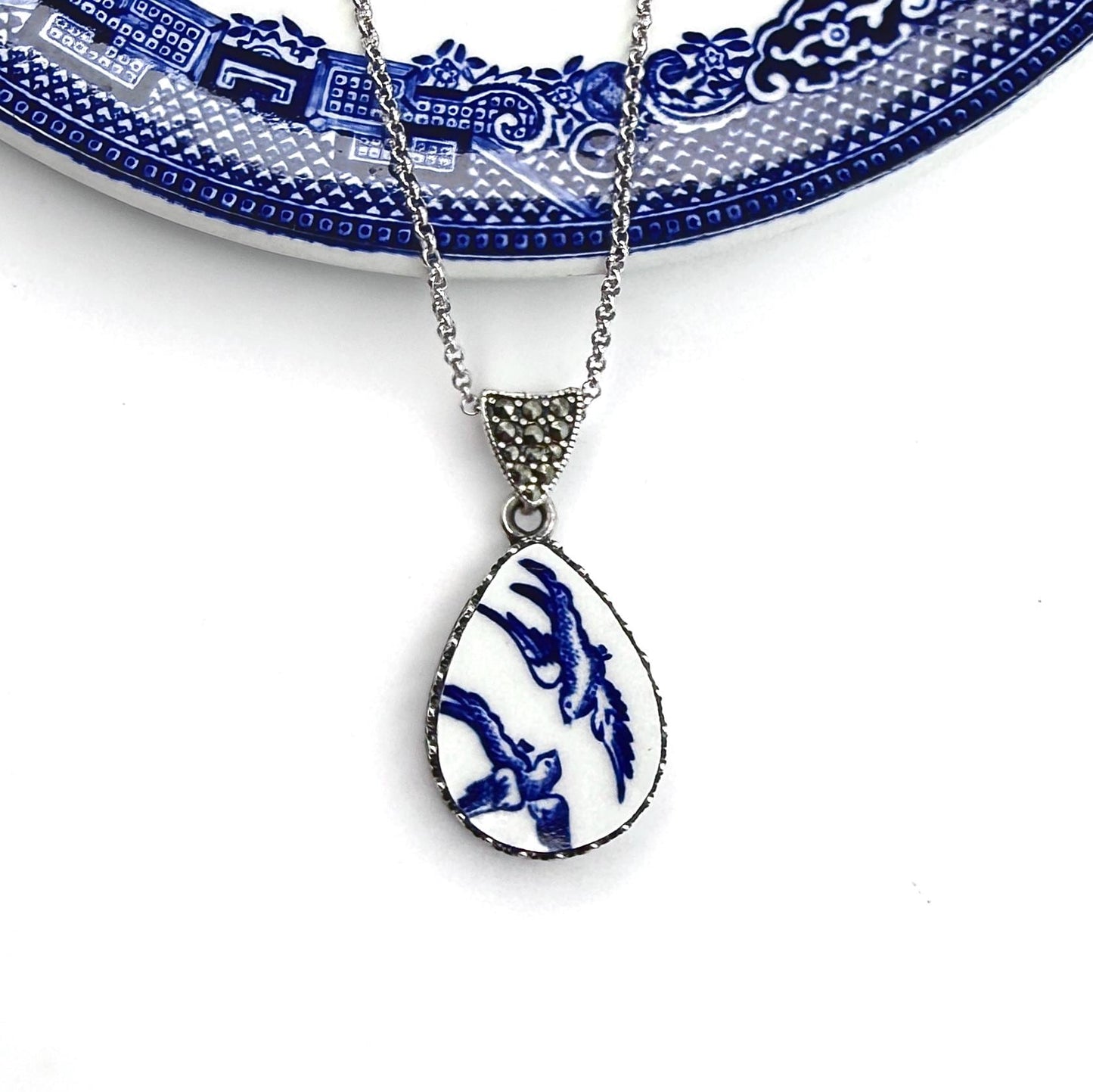 18th Anniversary Porcelain Gift for Wife, Adjustable Love Birds Necklace, Sterling Silver Blue Willow Jewelry, Marcasite Jewelry
