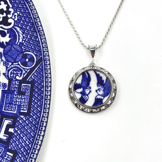 Sapphire Blue Crystal Necklace, Traditional 18th Wedding Anniversary Gift for Wife, Antique Porcelain Jewelry