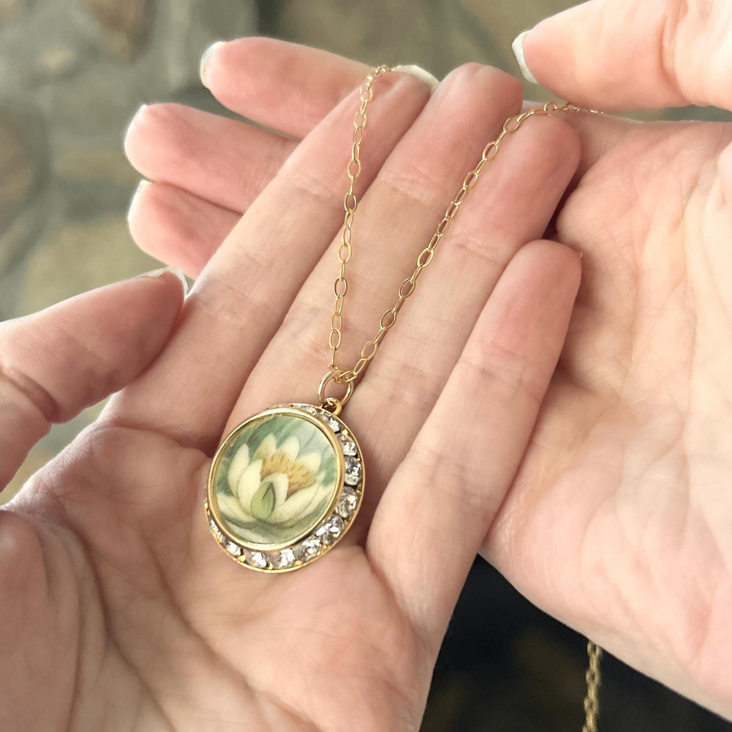 Water Lily Necklace, 18th Wedding Anniversary Porcelain Gift for Wife, Gold Crystal Jewelry
