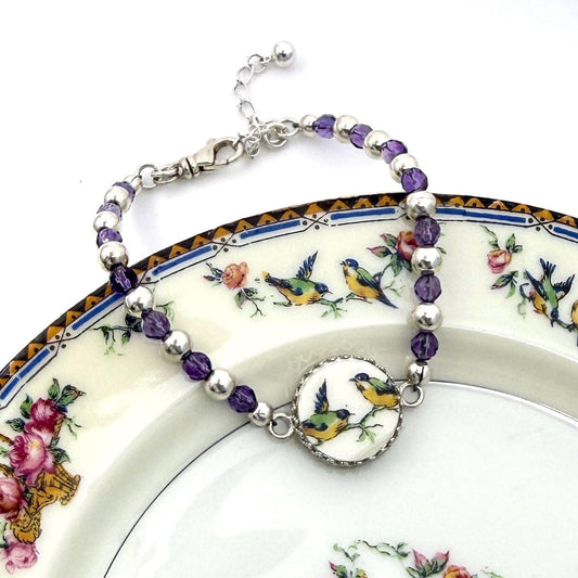 18th Anniversary Gift, Amethyst Love Birds Bracelet, Repurposed Porcelain Jewelry