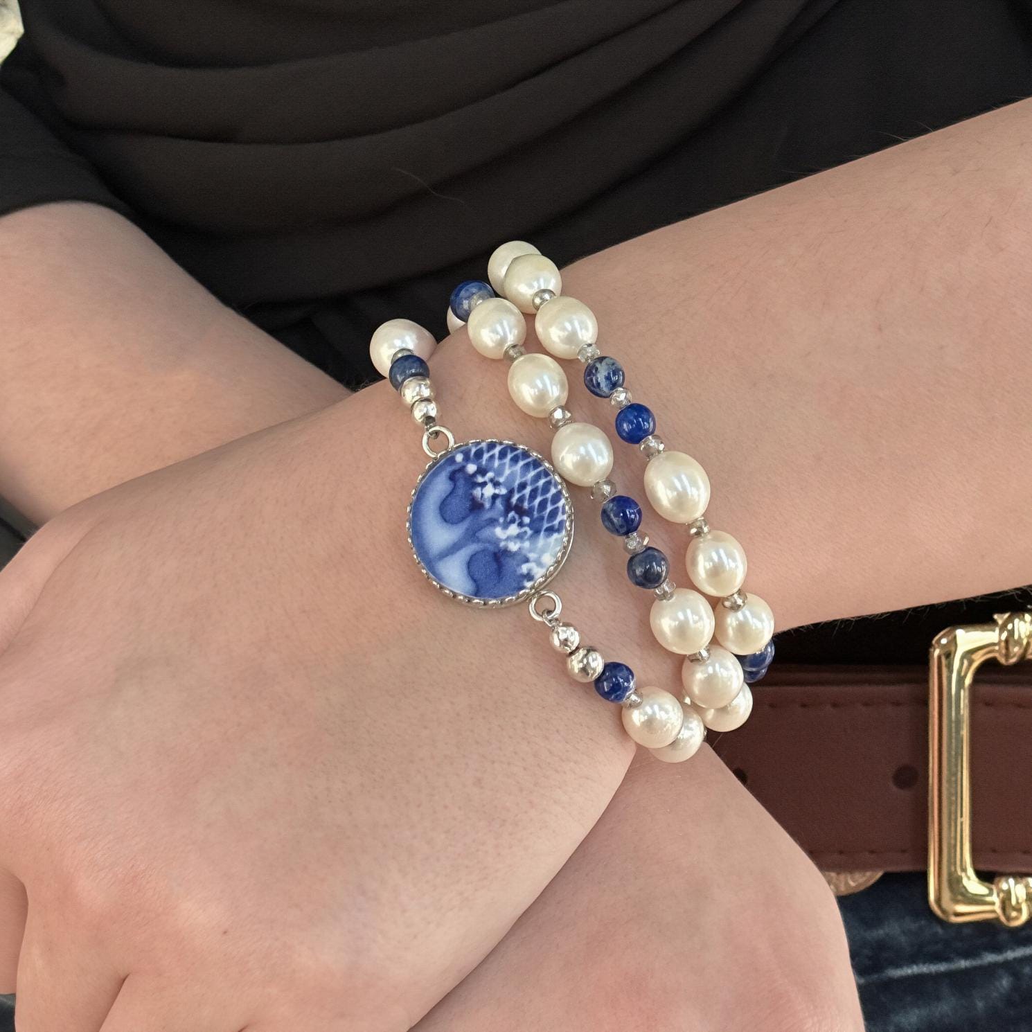 Antique Flow Blue Porcelain, One-of-a-Kind Freshwater Pearl Wrap Bracelet, 18th Anniversary Gifts for Wife
