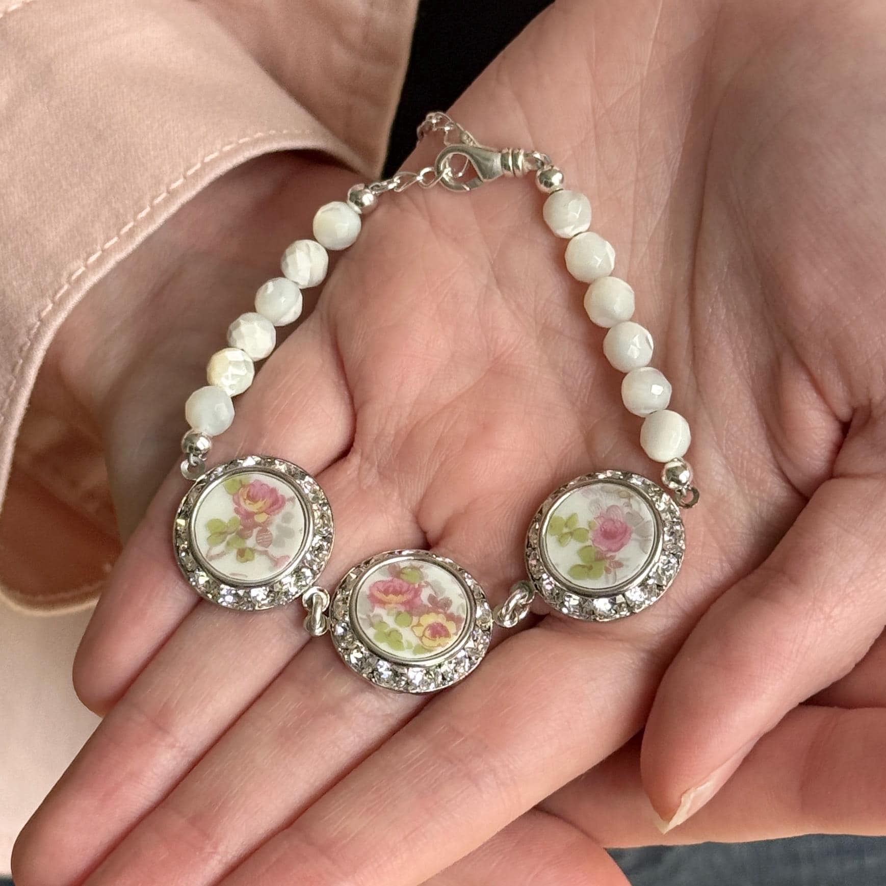 One-of-a-Kind Crystal Charm Bracelet, 18th Anniversary Porcelain Gift for Wife, French Limoges China