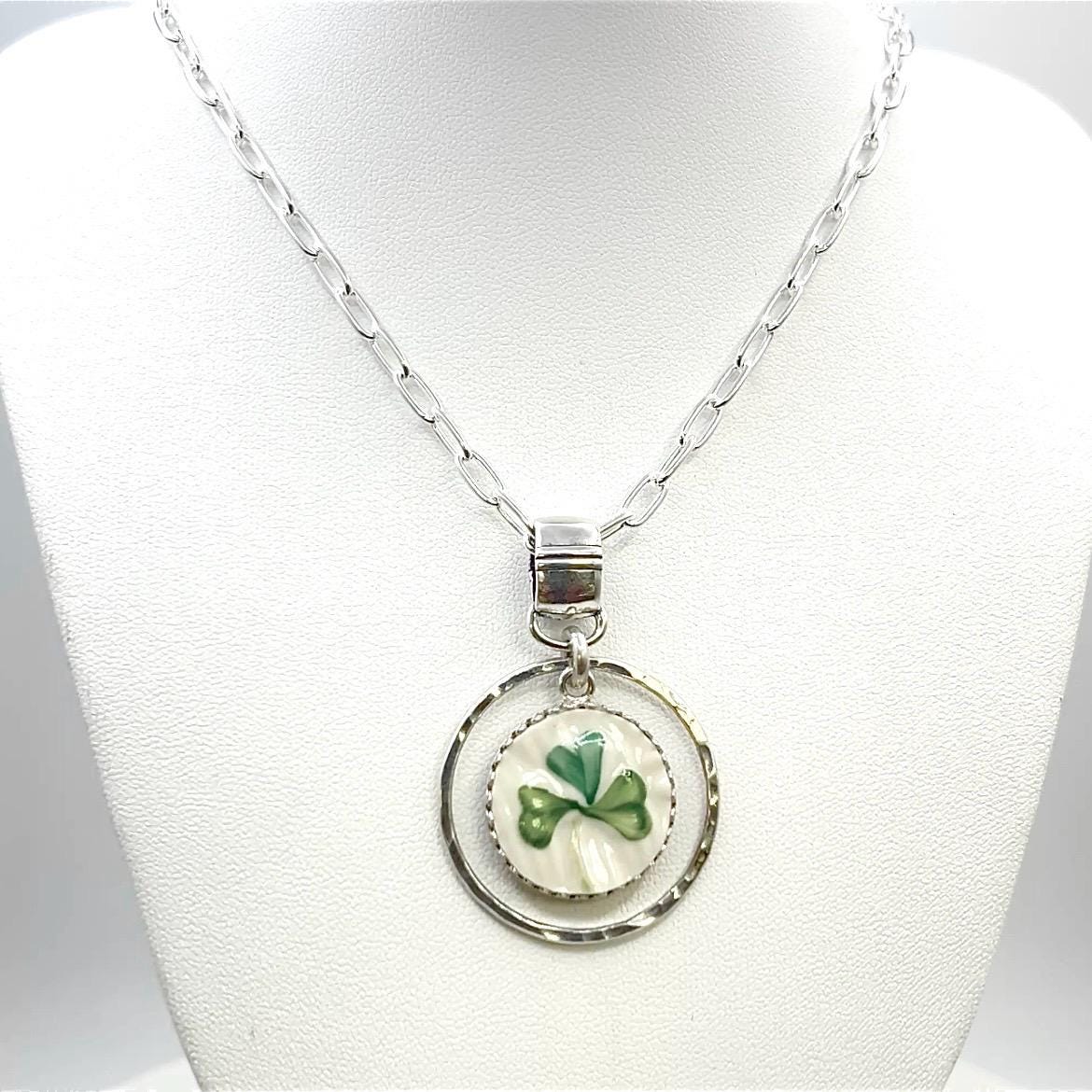 Sterling Silver Shamrock Necklace, Vintage Handmade Jewelry, Lucky Pendant Necklace, Repurposed Belleek China