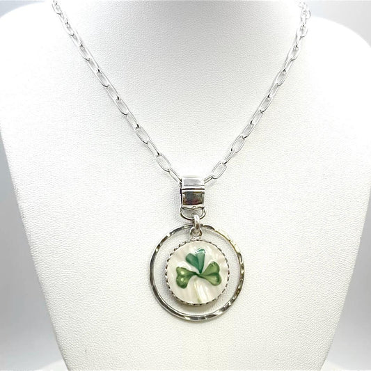 Sterling Silver Shamrock Necklace, Vintage Handmade Jewelry, Lucky Pendant Necklace, Repurposed Belleek China